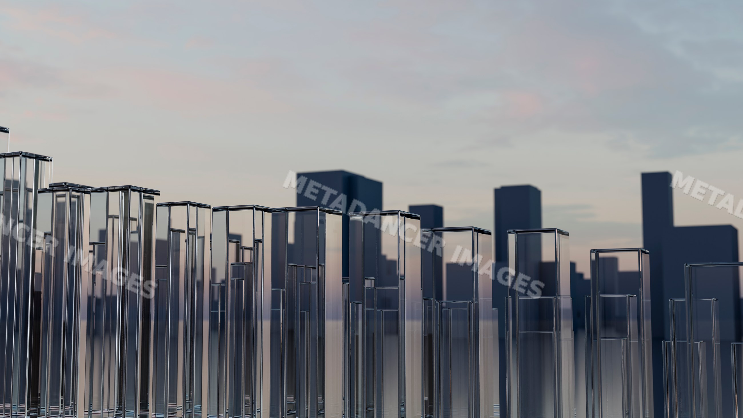 Glass towers and city skyline at sunset with modern skyscrapers