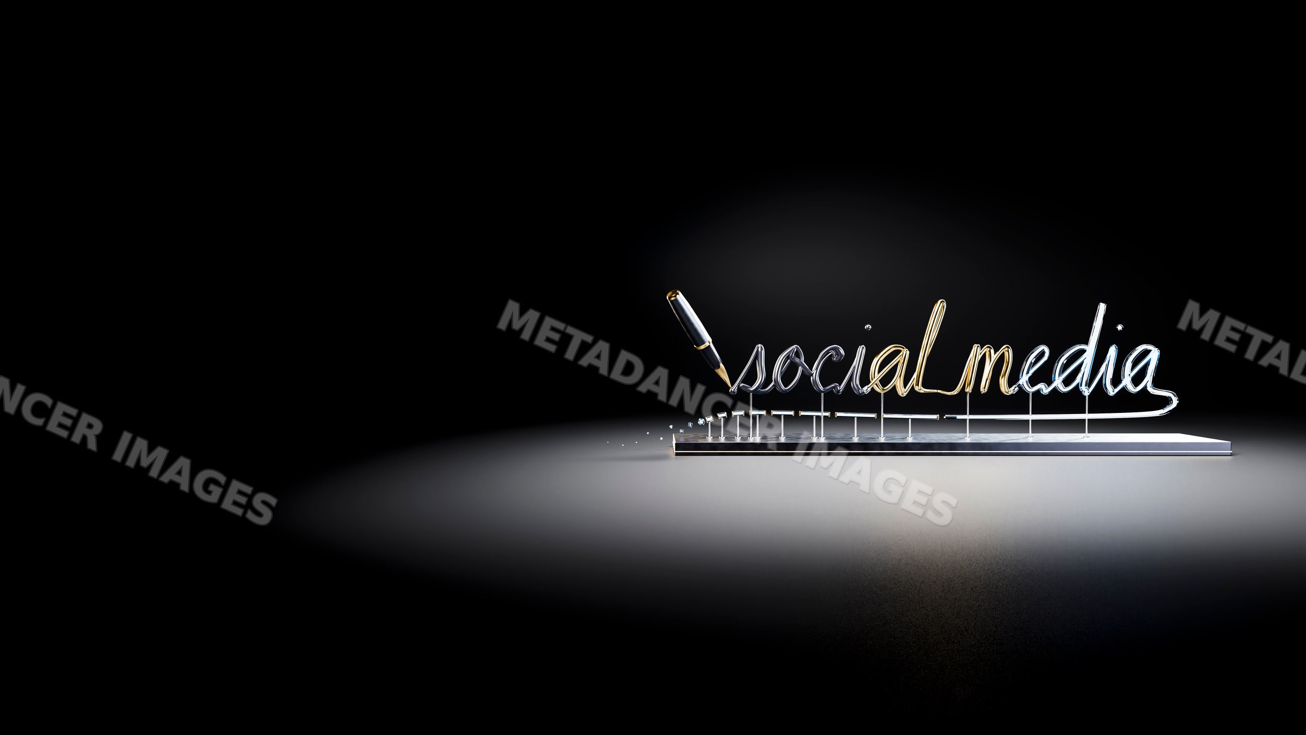 Metallic stylized social media script with pen on dark surface