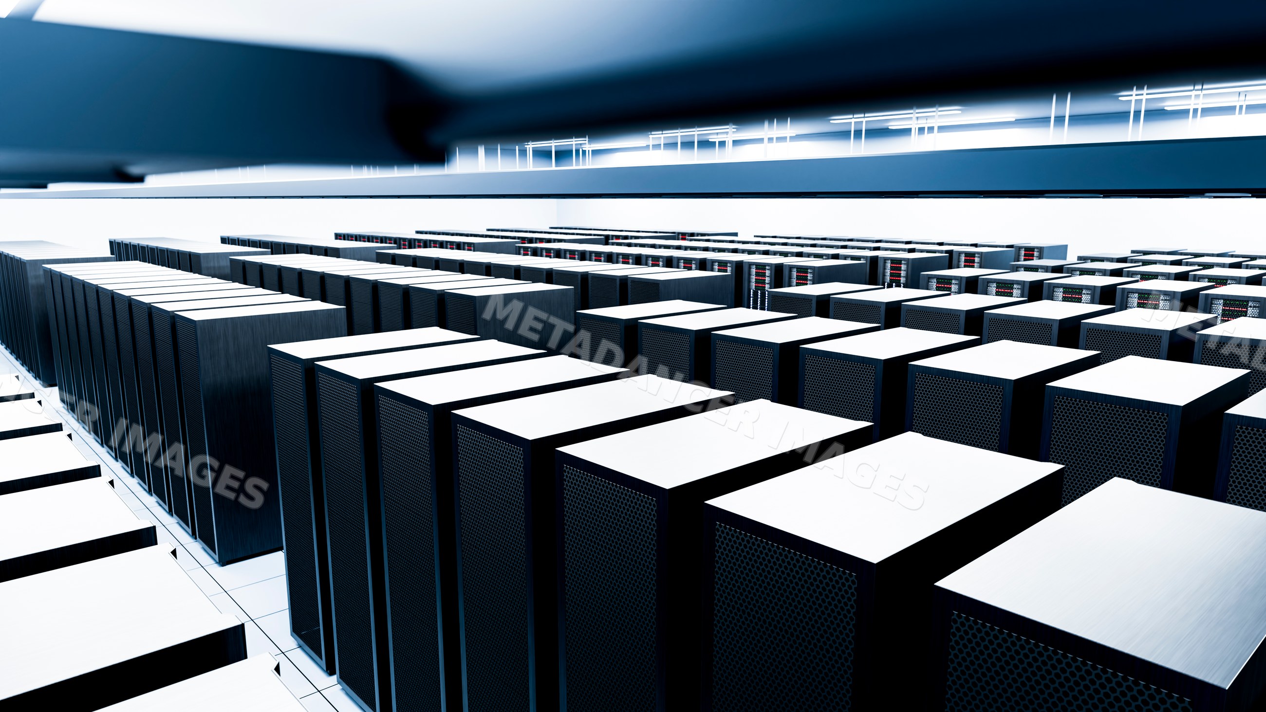 Data center interior with rows of server racks and computer servers