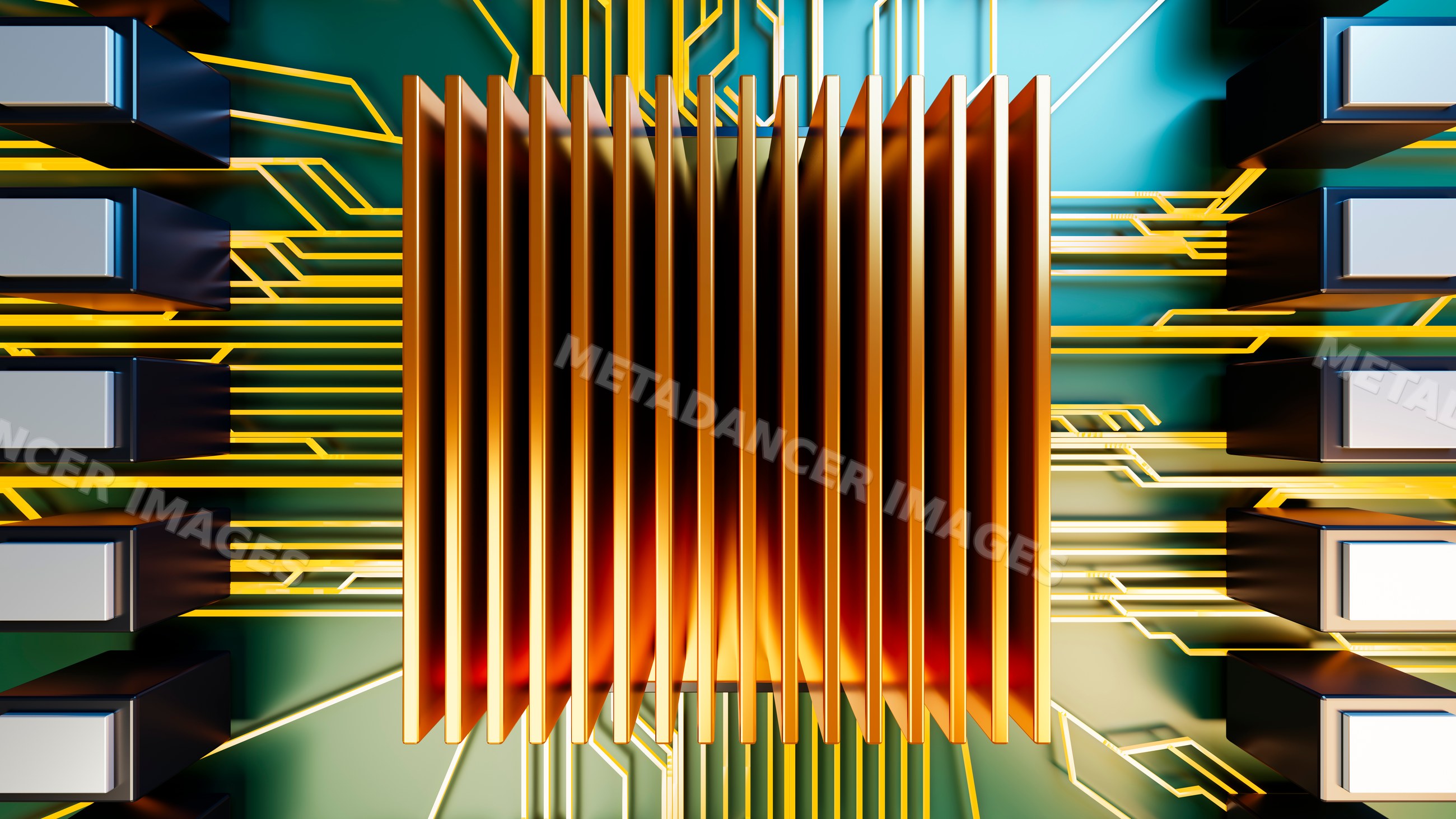 Close-up of computer chip heat sink on circuit board