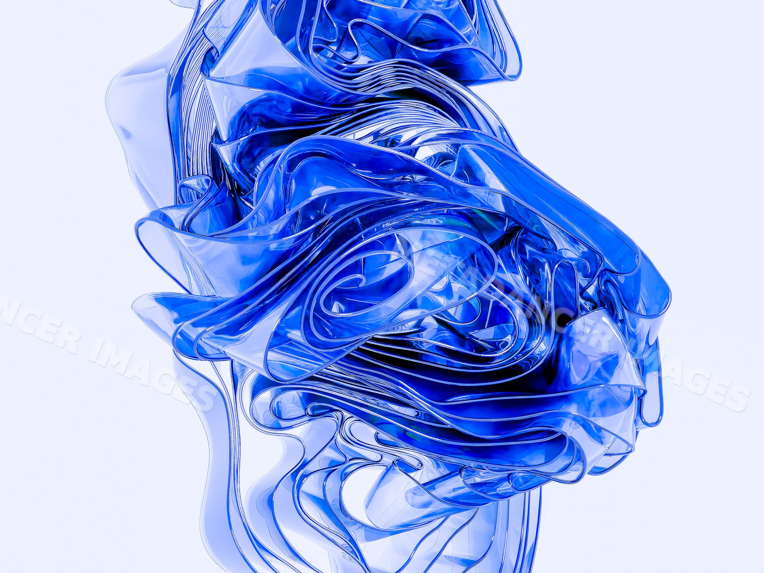 Close-up of an abstract blue transparent flowing ribbon sculpture
