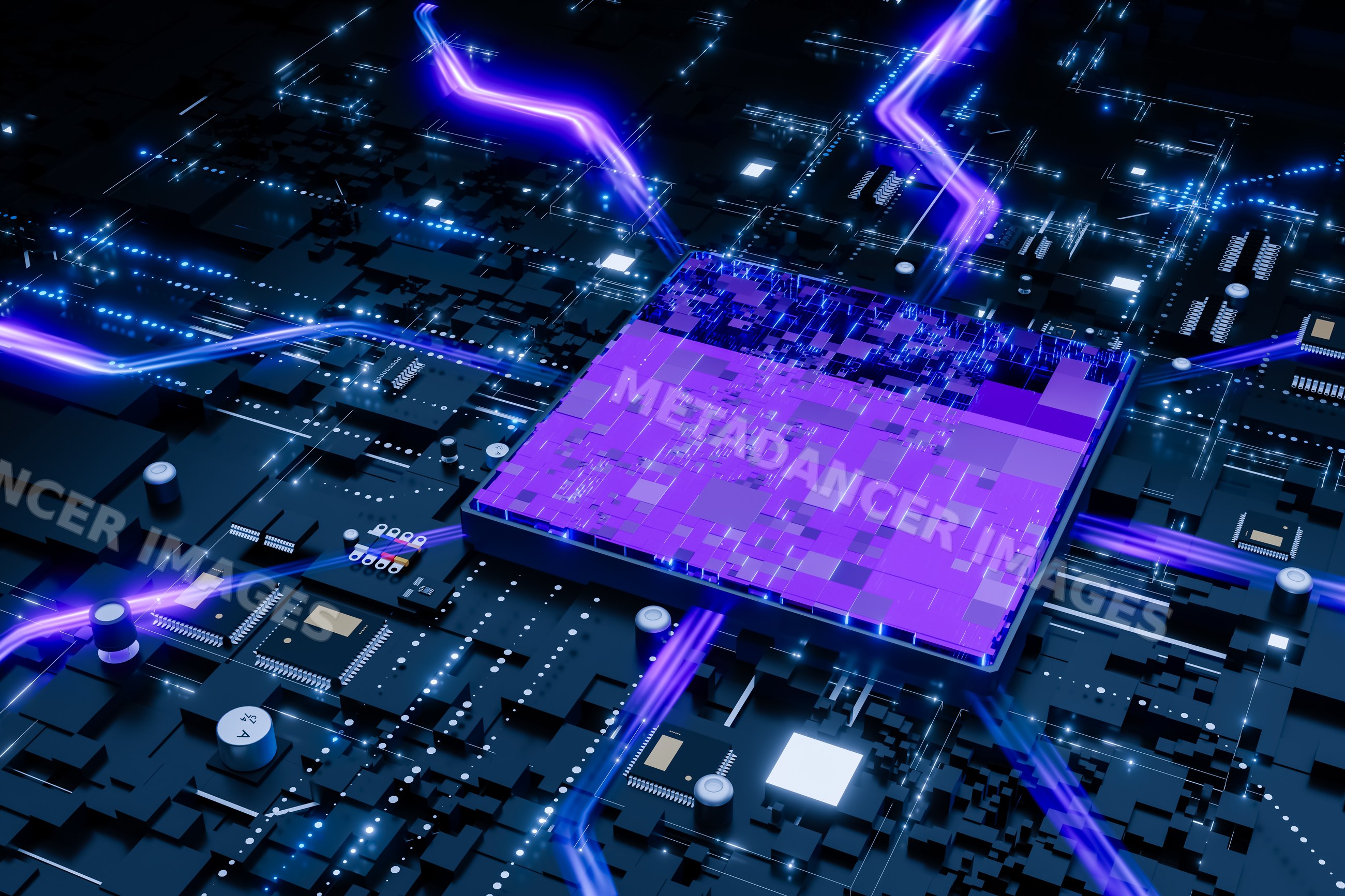 Microchip on digital circuit board with glowing data streams