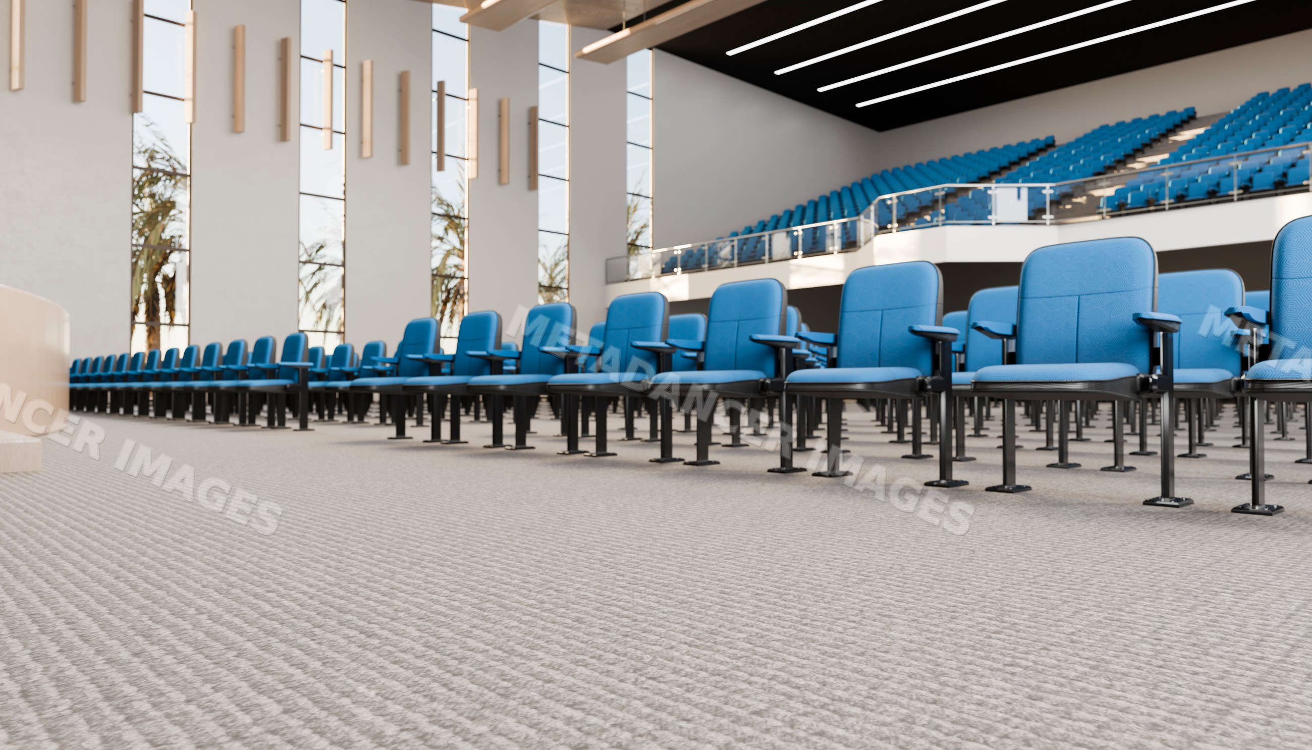 Auditorium seating with blue chairs in modern conference hall