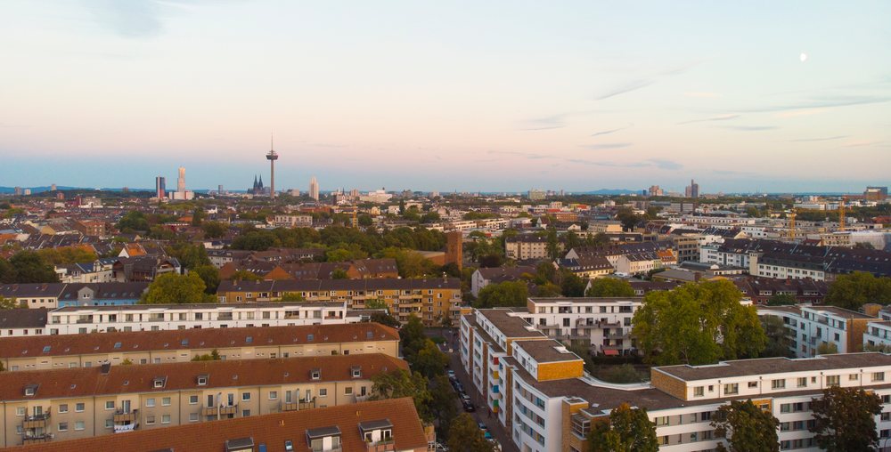 Urban residential area with communication tower in Cologne cityscape