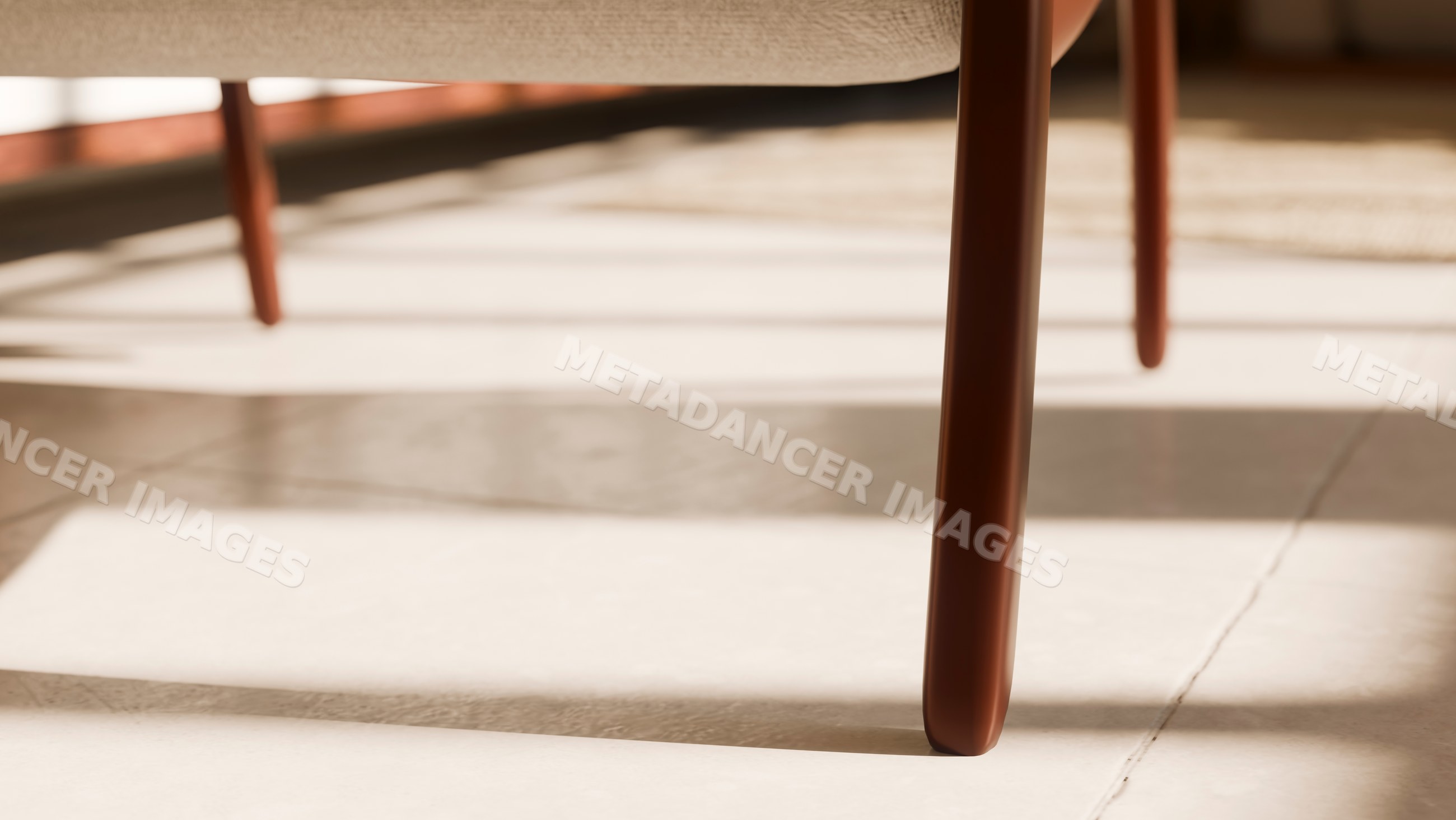 Wooden chair leg casting shadow on tiled floor in modern interior