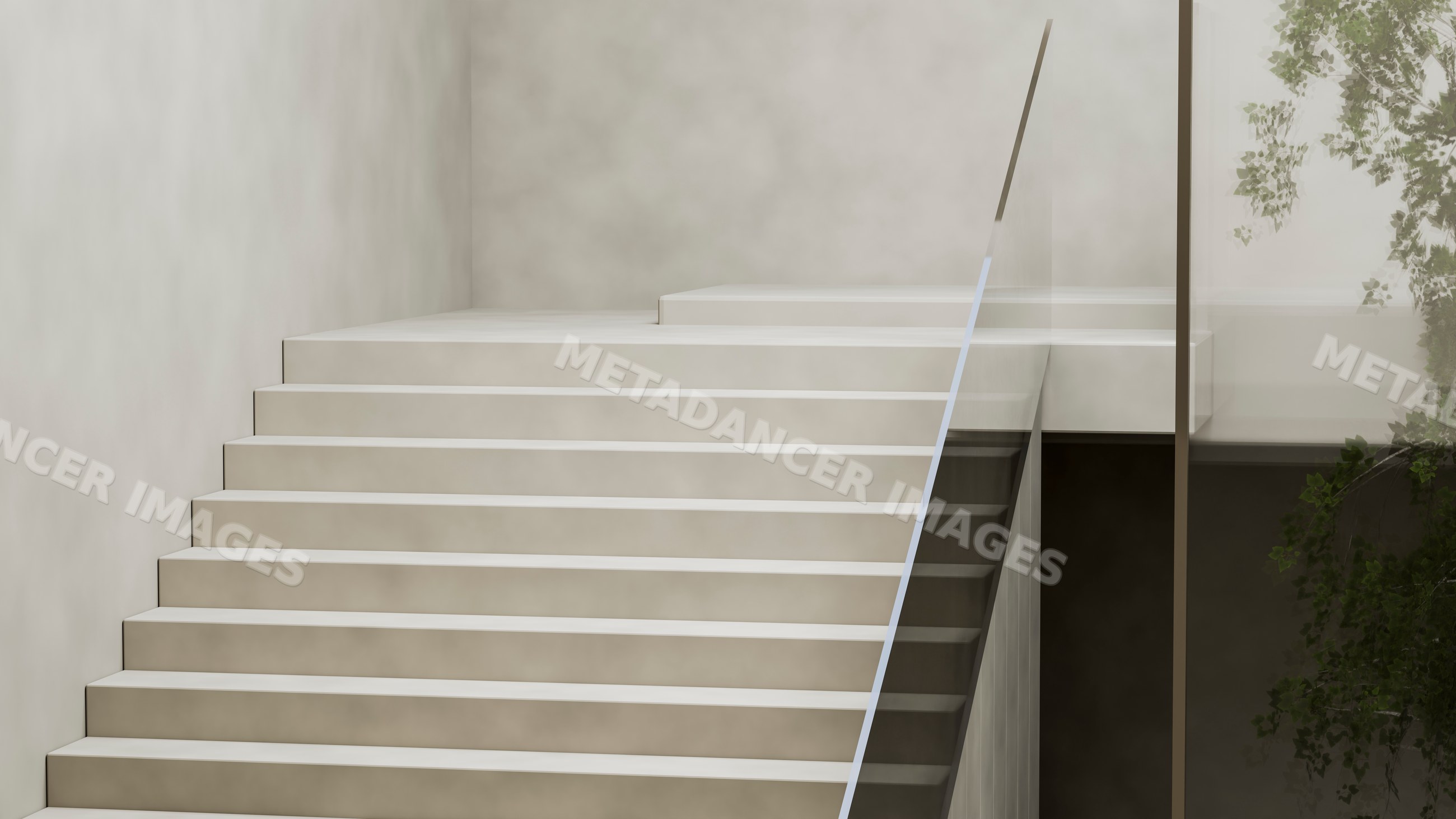 Minimalist modern staircase with white steps and glass railing