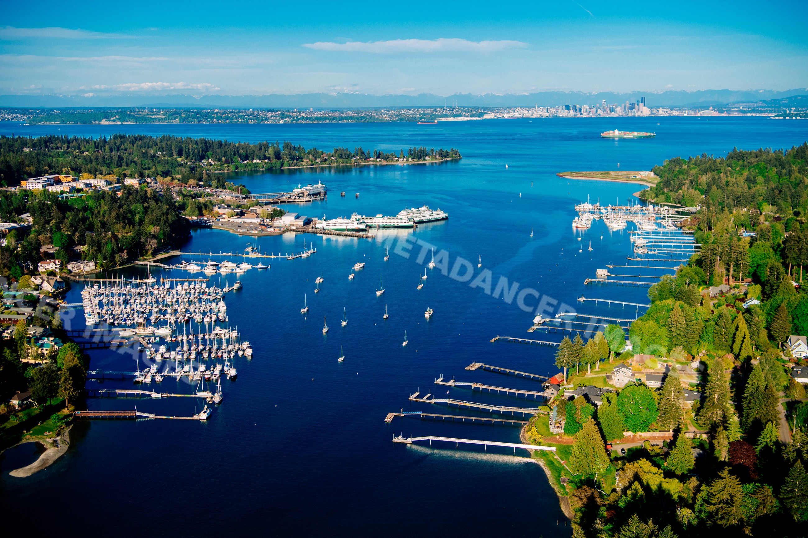 Aerial view of boats in Eagle Harbor marina on Bainbridge Island