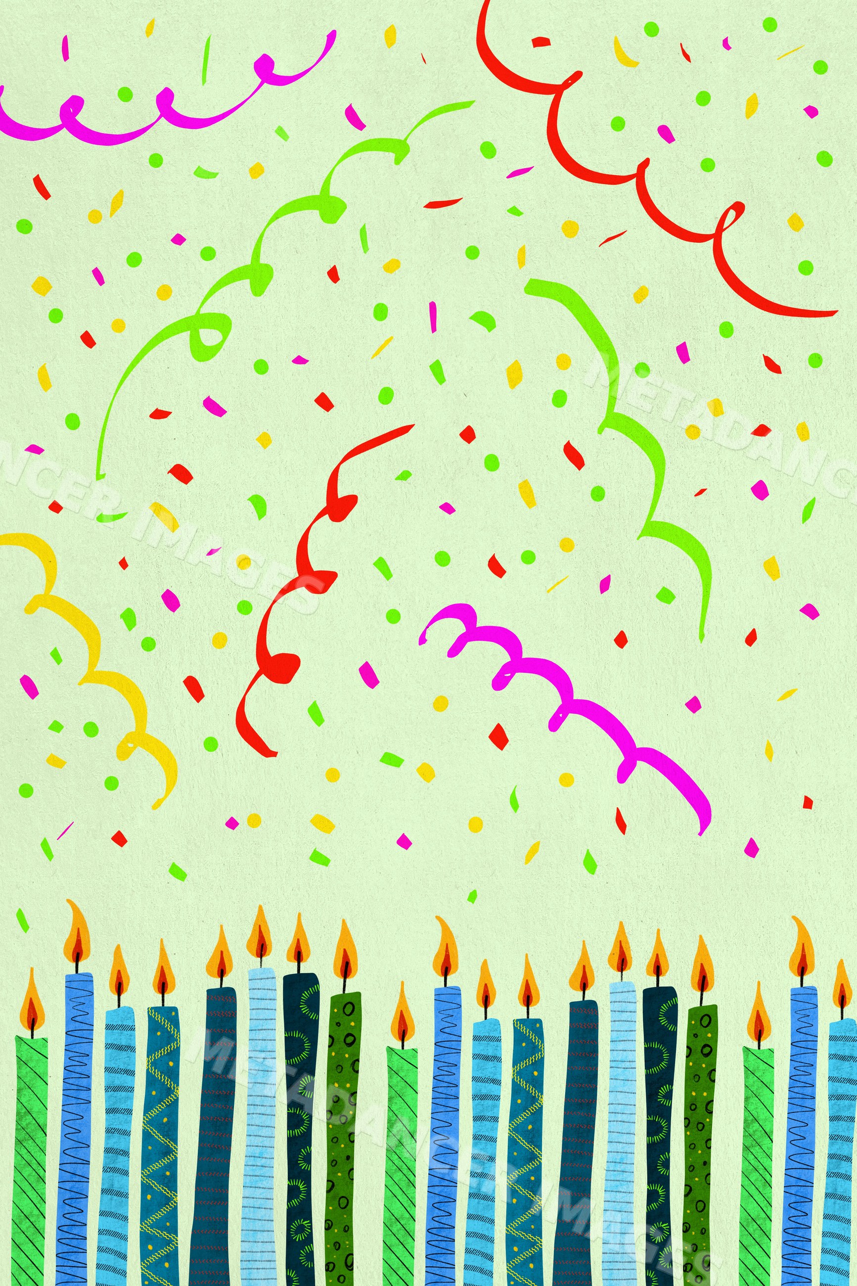 An illustration of colorful lit candles with festive confetti
