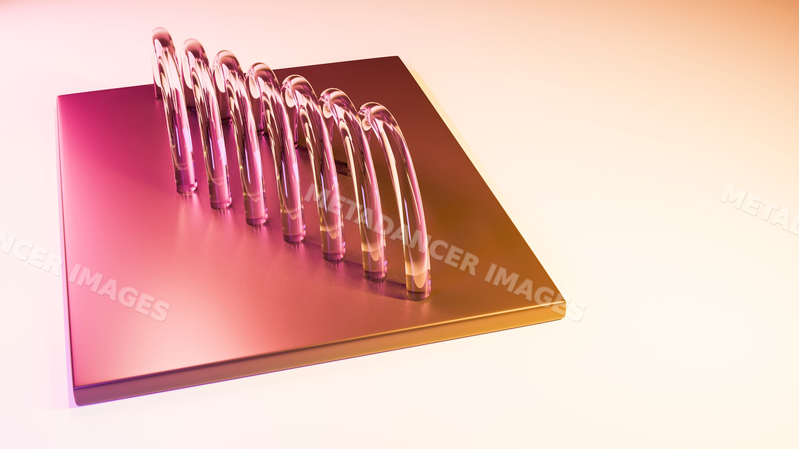 Curved translucent glass arcs on glossy base with gradient lighting