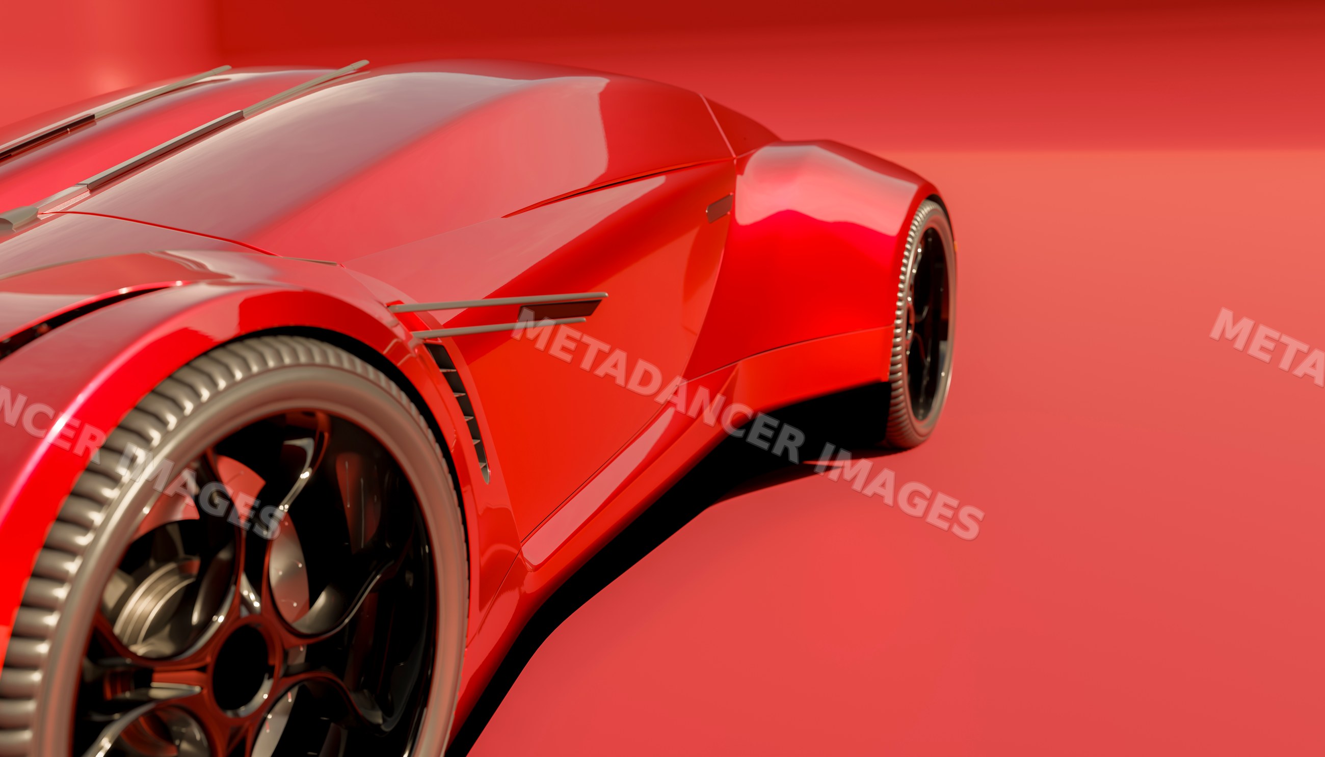 Close-up of sleek red sports car front and side with black alloy