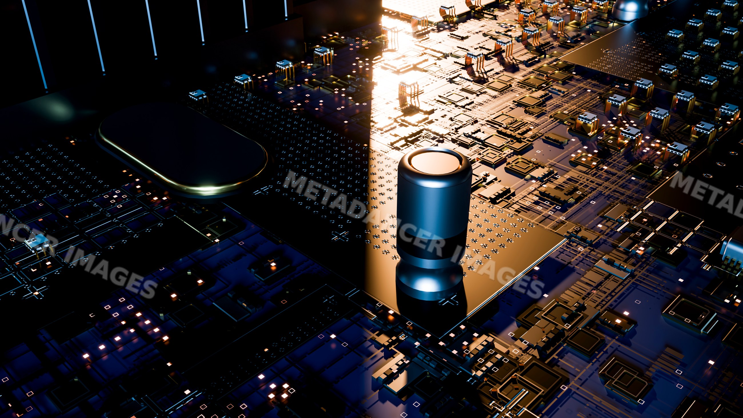 Microchip and electronic components on a circuit board illustration