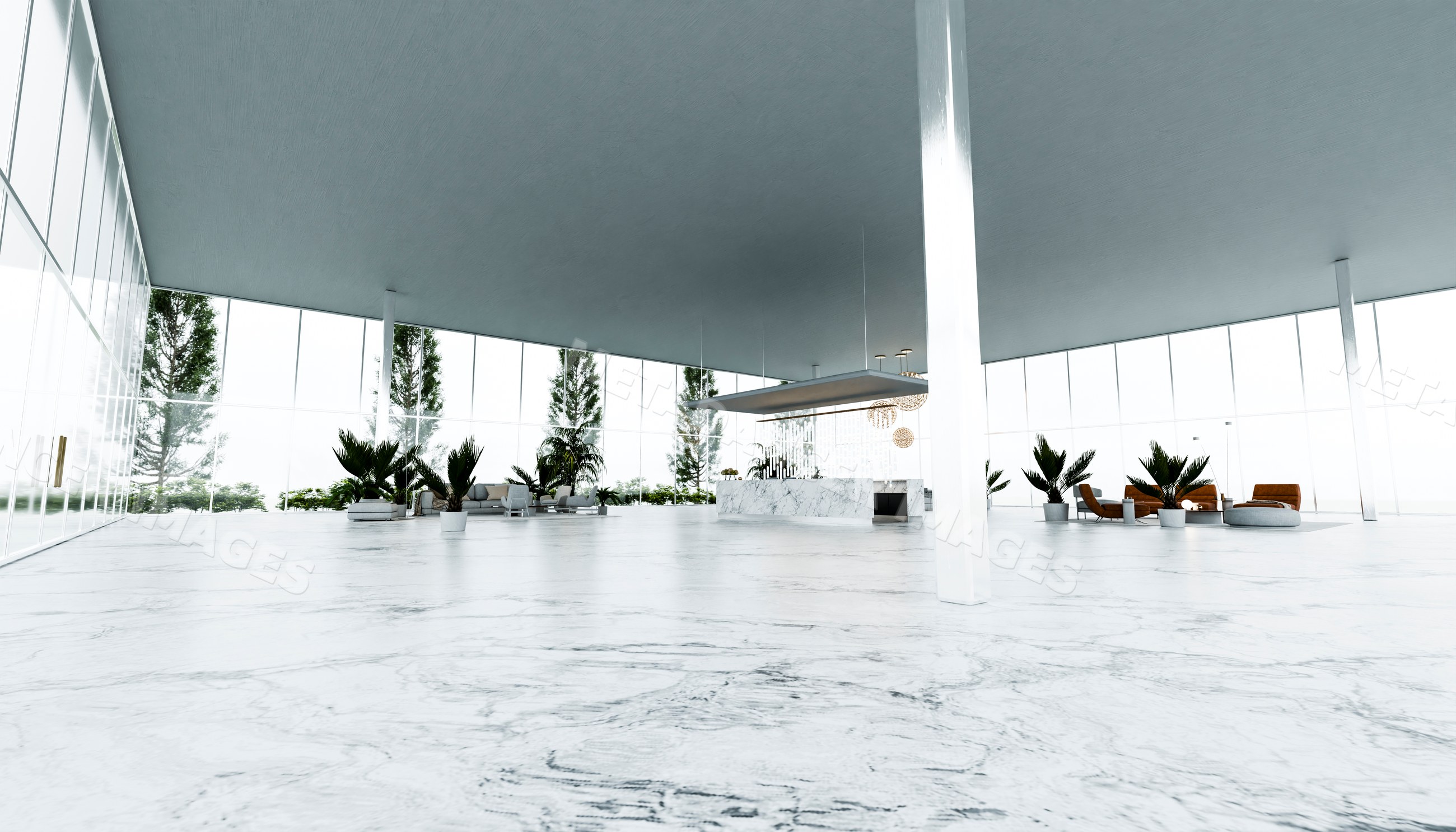 Spacious modern interior with marble flooring and indoor plants