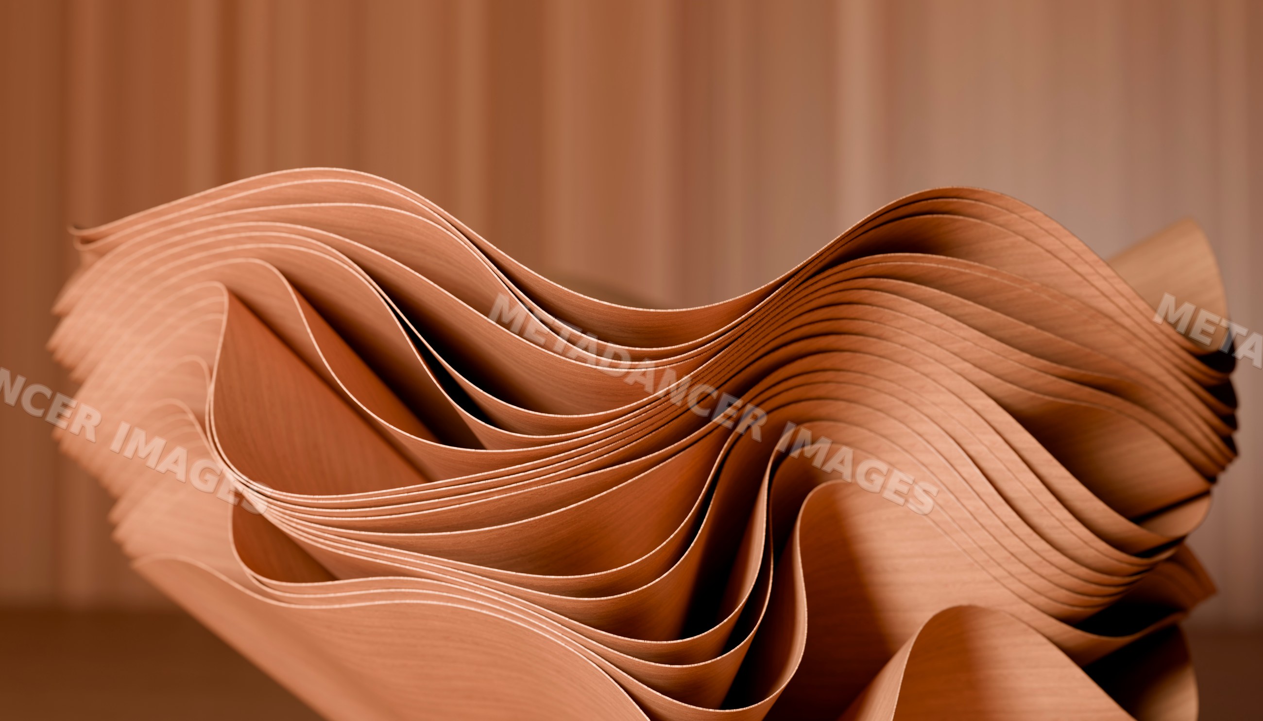 Curved layered thin wood sheets creating abstract sculptural form