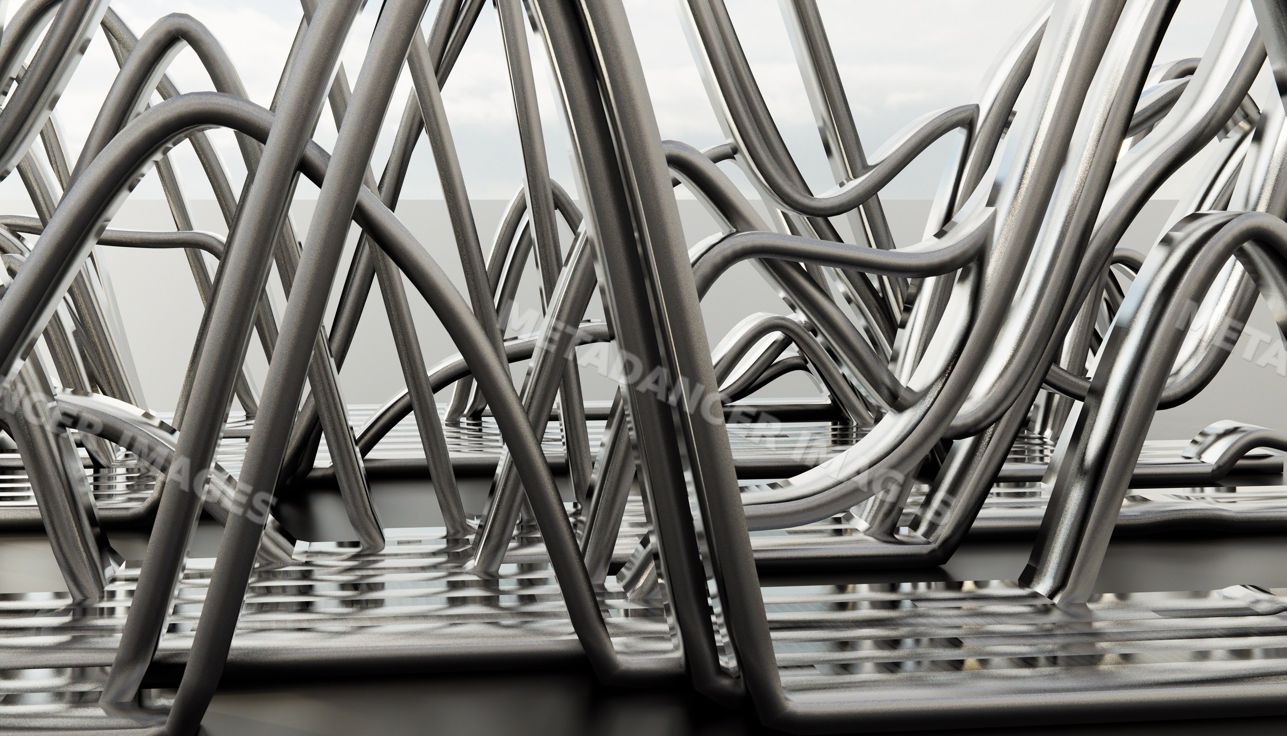 Close-up of an abstract modern sculpture with interwoven shiny metal