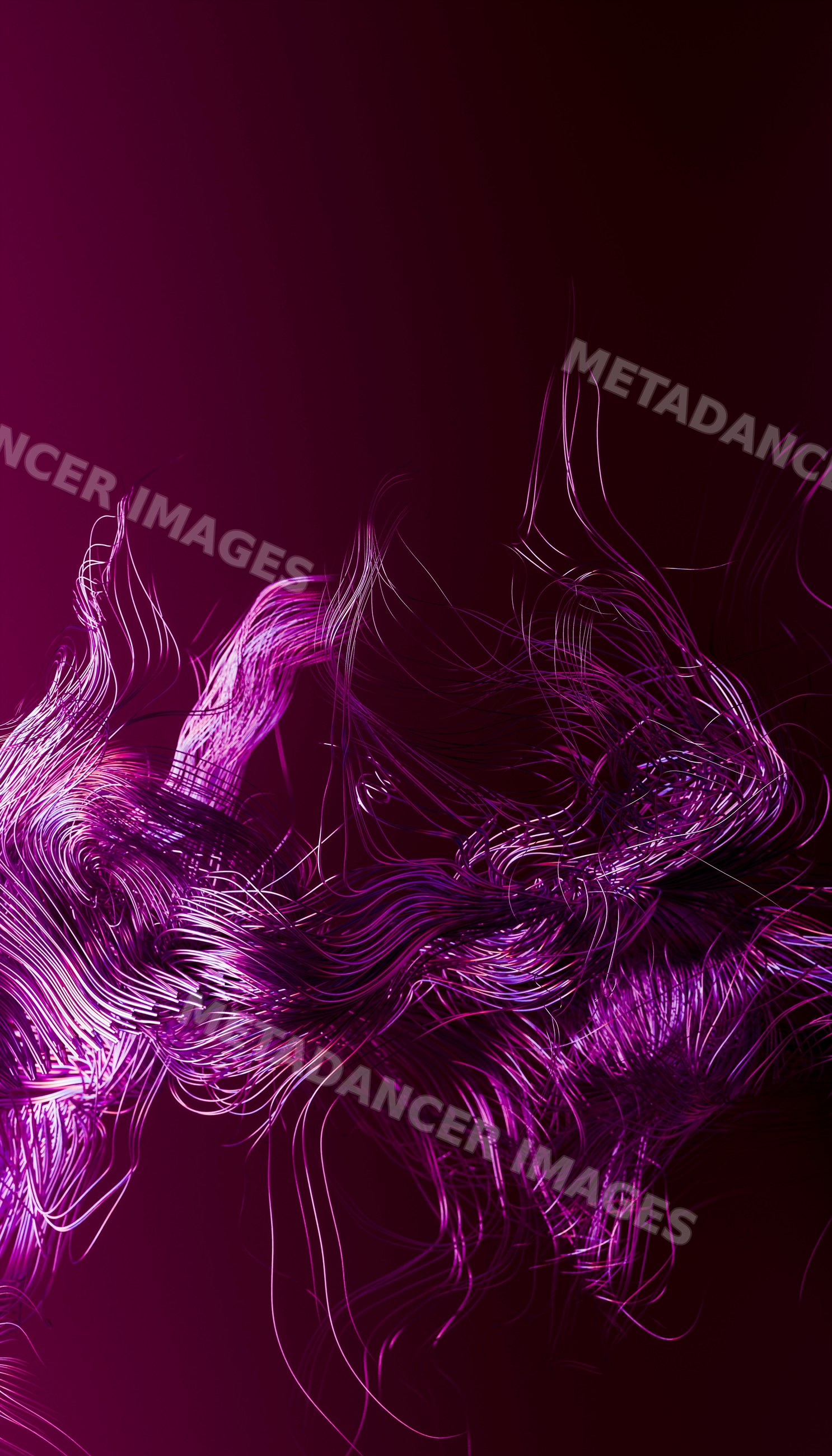 Purple flowing abstract light strands with neon glow on dark