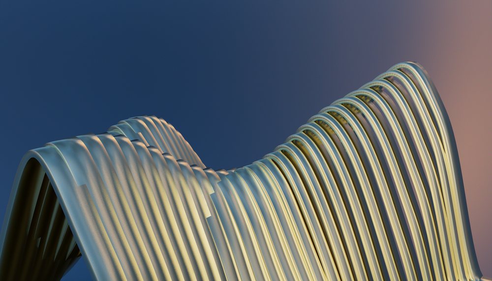 Modern architectural building with wavy steel facade in daylight