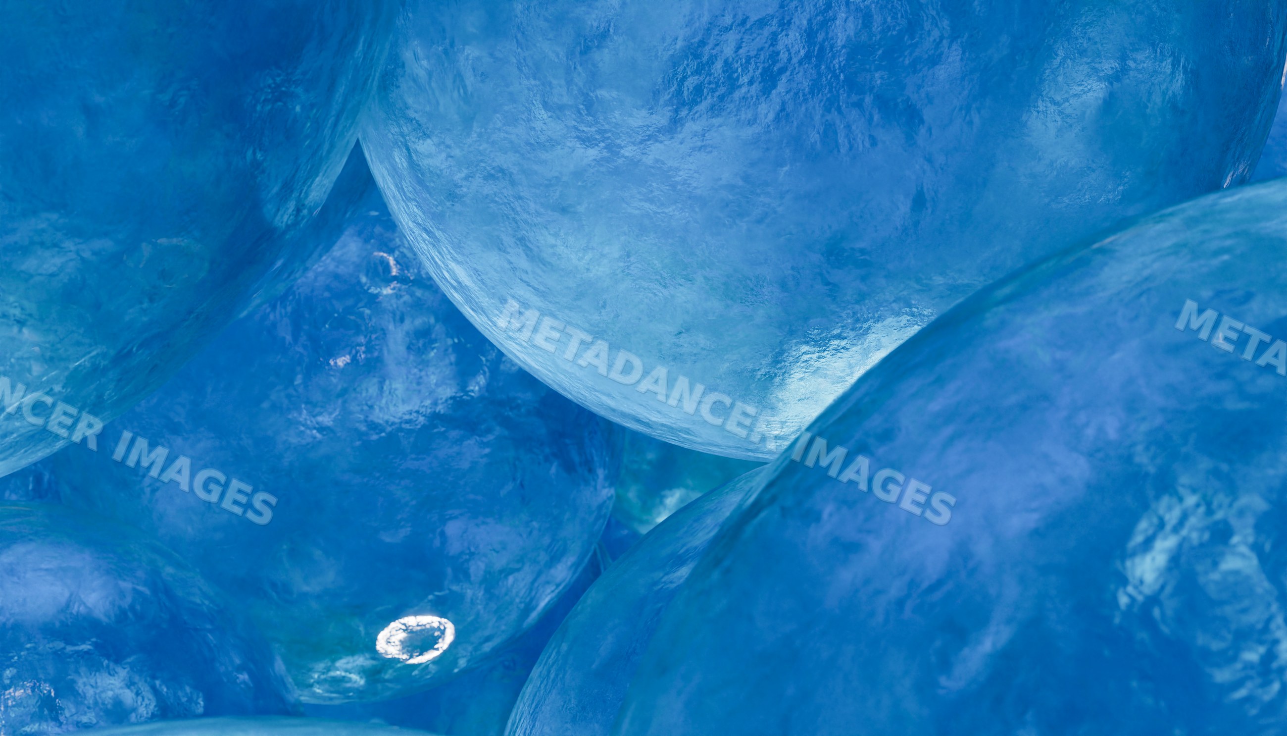 Rendering of translucent blue spheres clustered