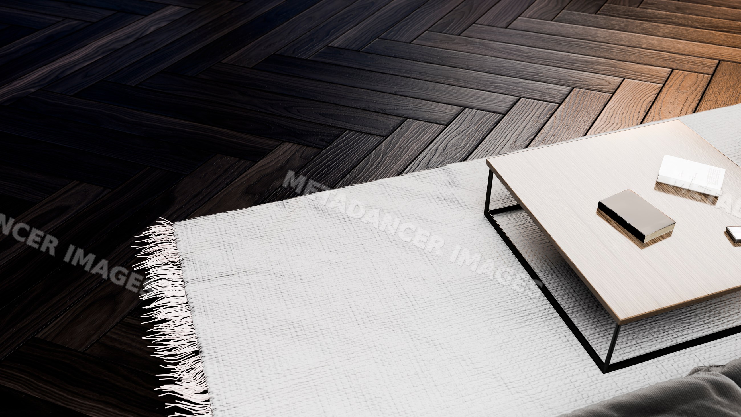 Rectangular coffee table with books on white rug over dark wood floor
