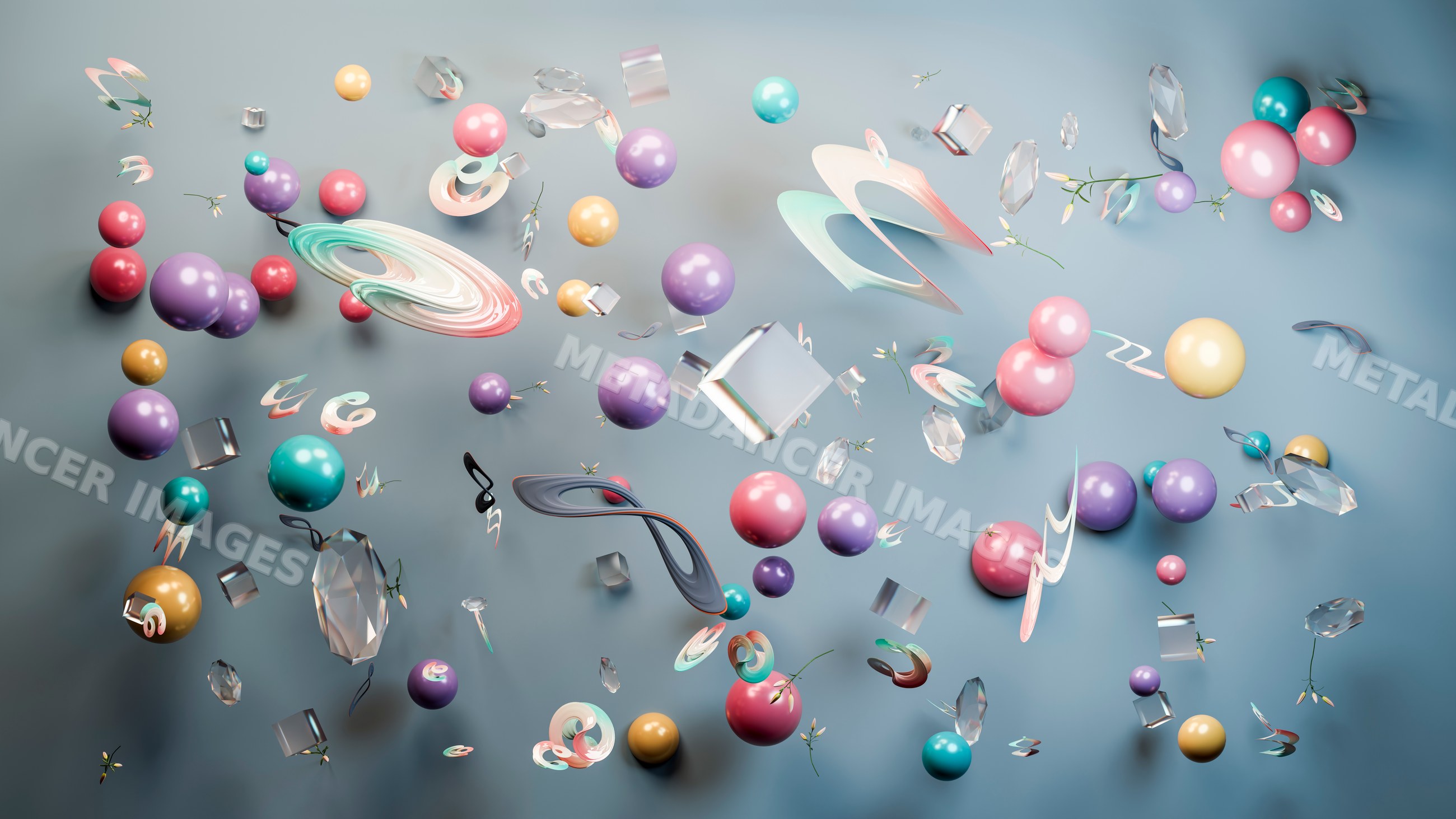 Colorful abstract spheres and transparent crystals floating