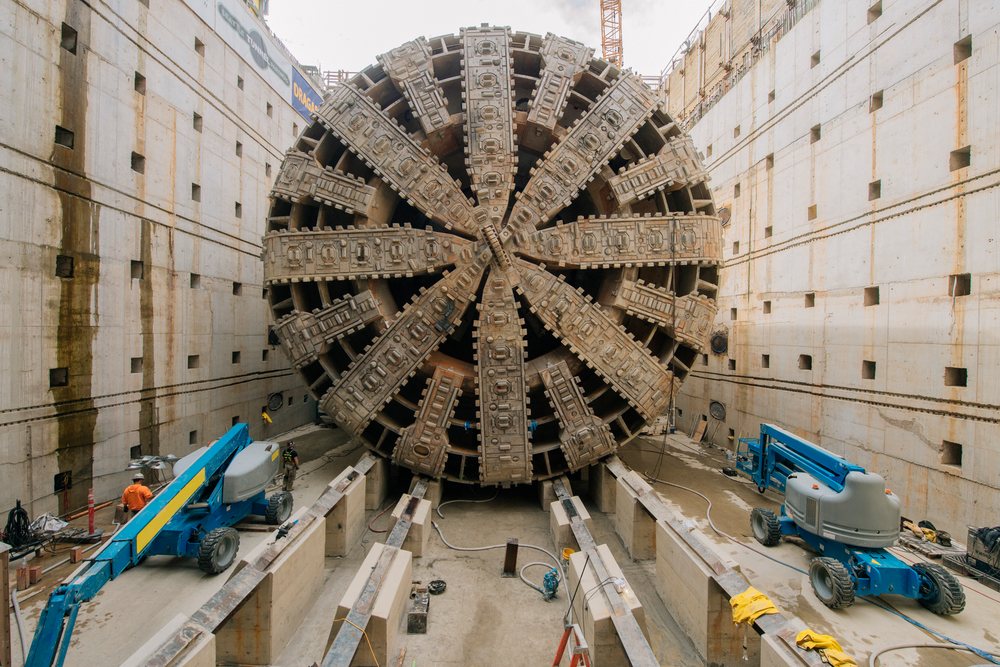 Tunnel boring machine at a concrete-lined construction site