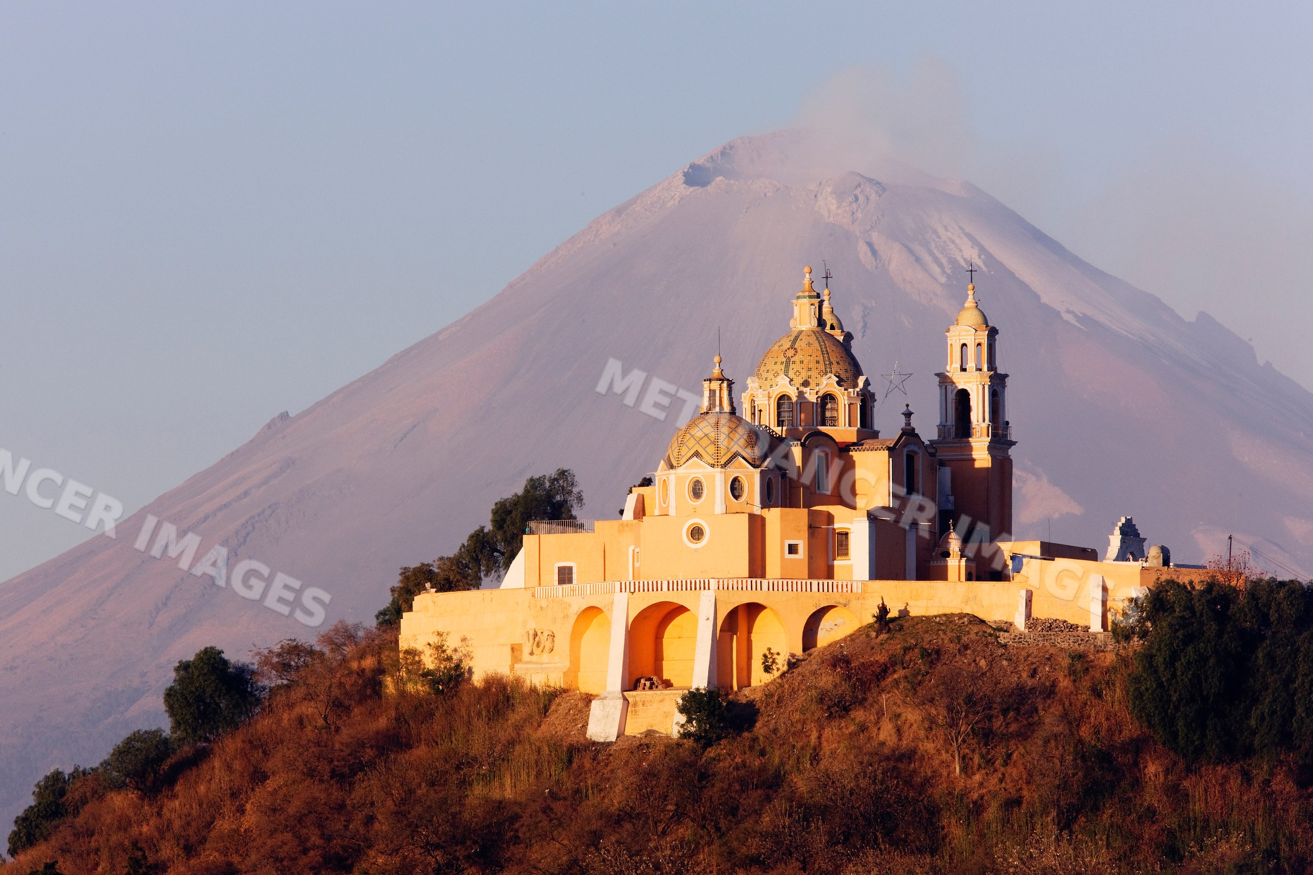 Church of nuestra senora de los remedios with popocatepetl volcano