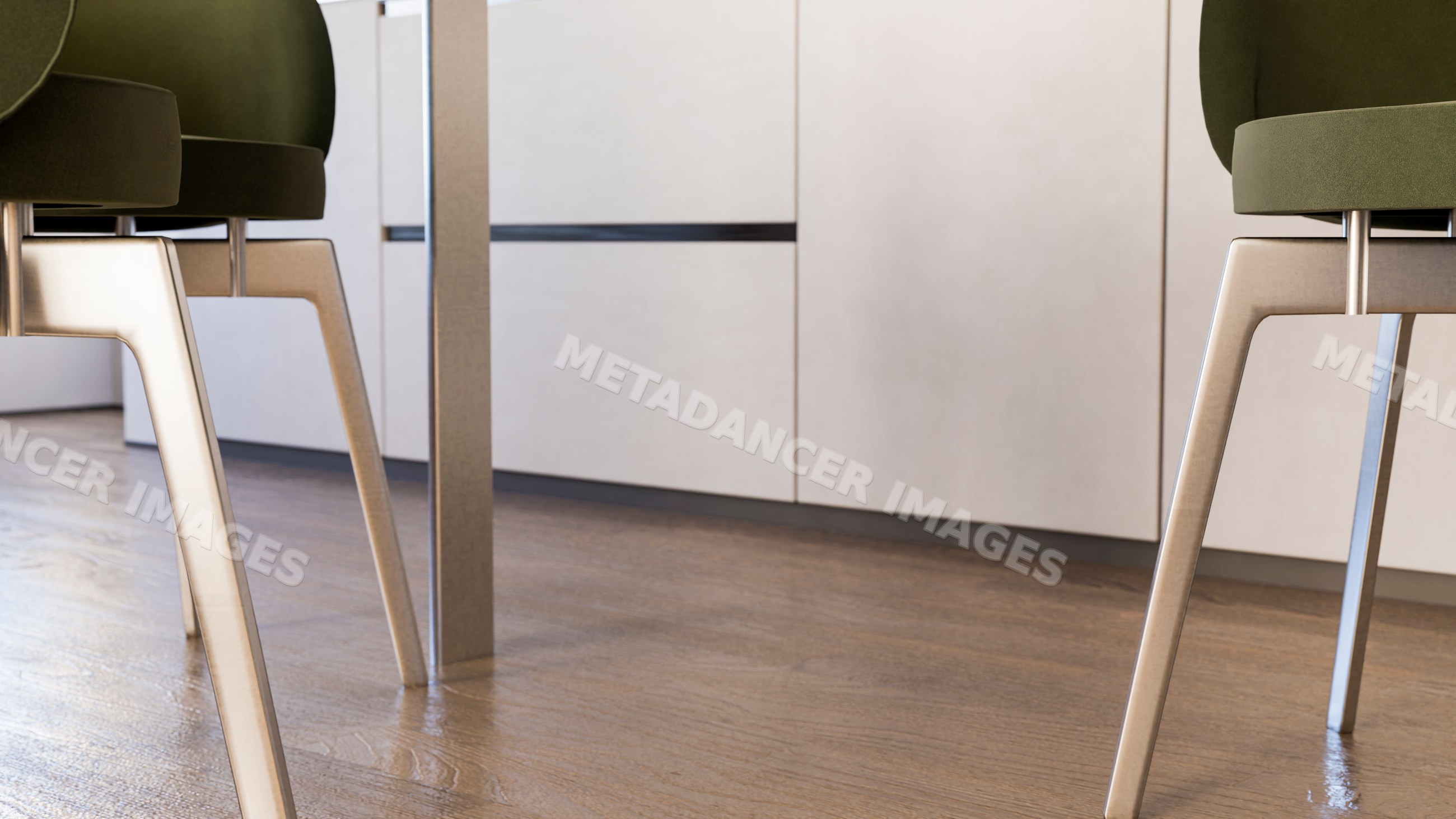 Chairs with metal legs on wooden floor in modern interior