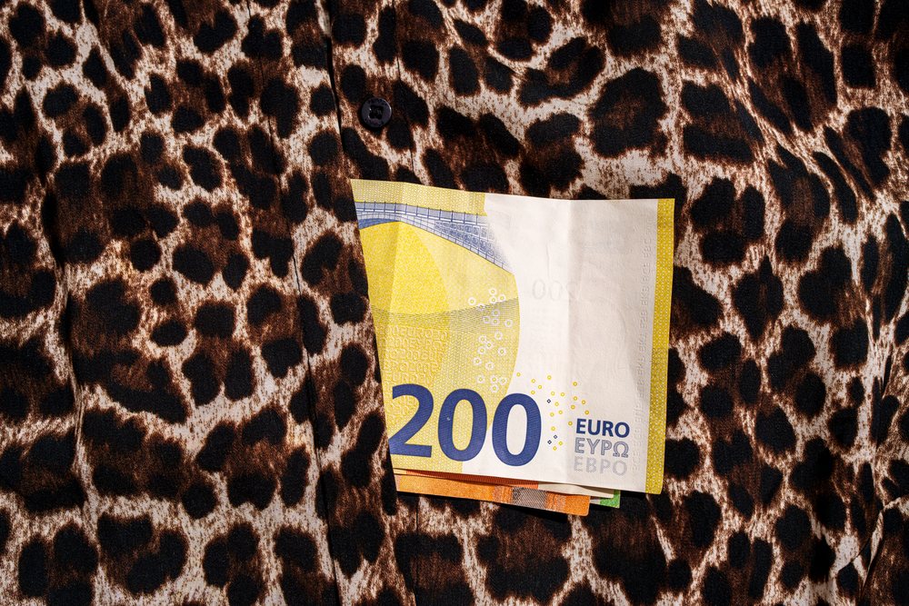 Pile of euro banknotes on leopard print fabric