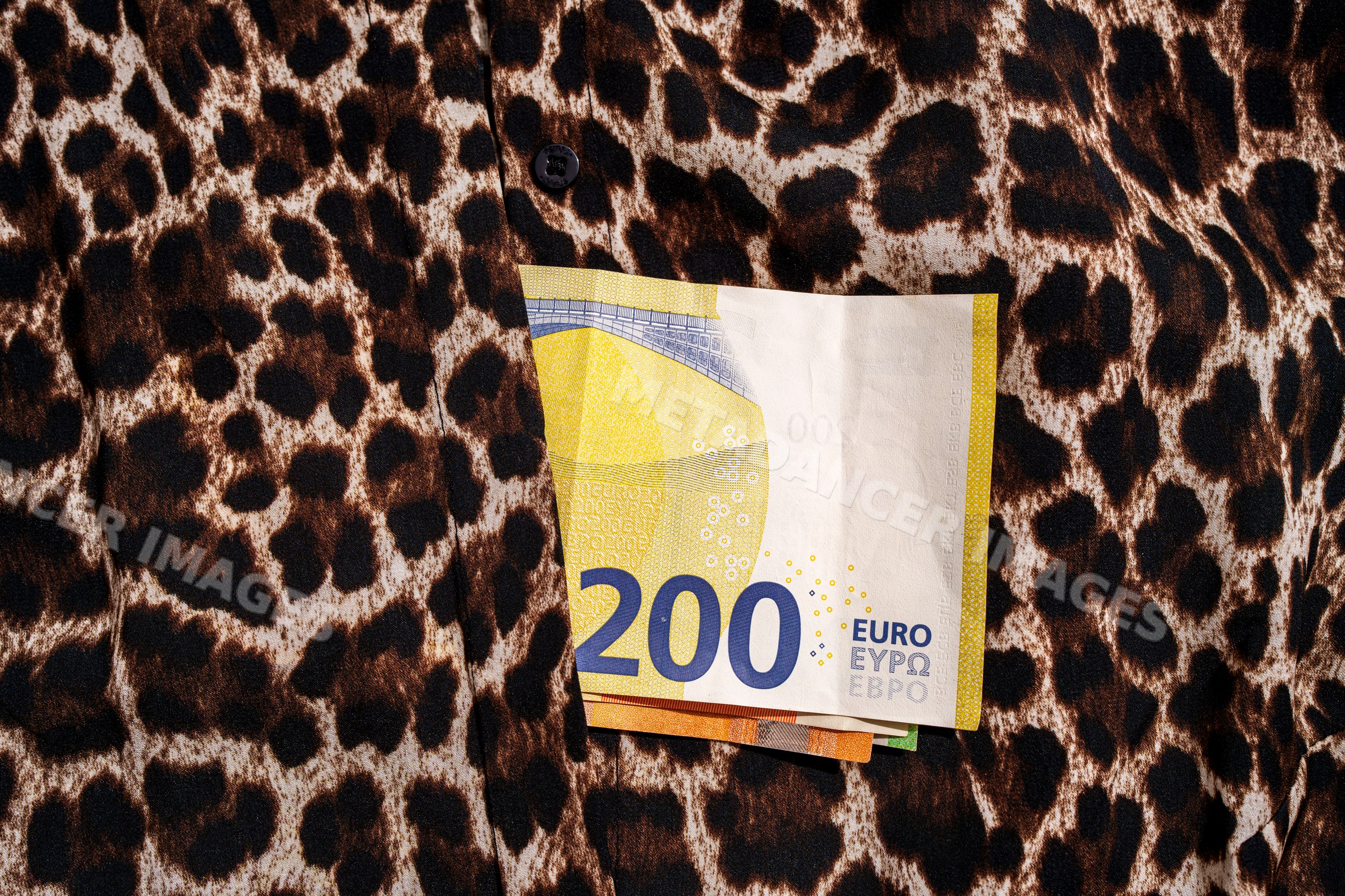 Pile of euro banknotes on leopard print fabric