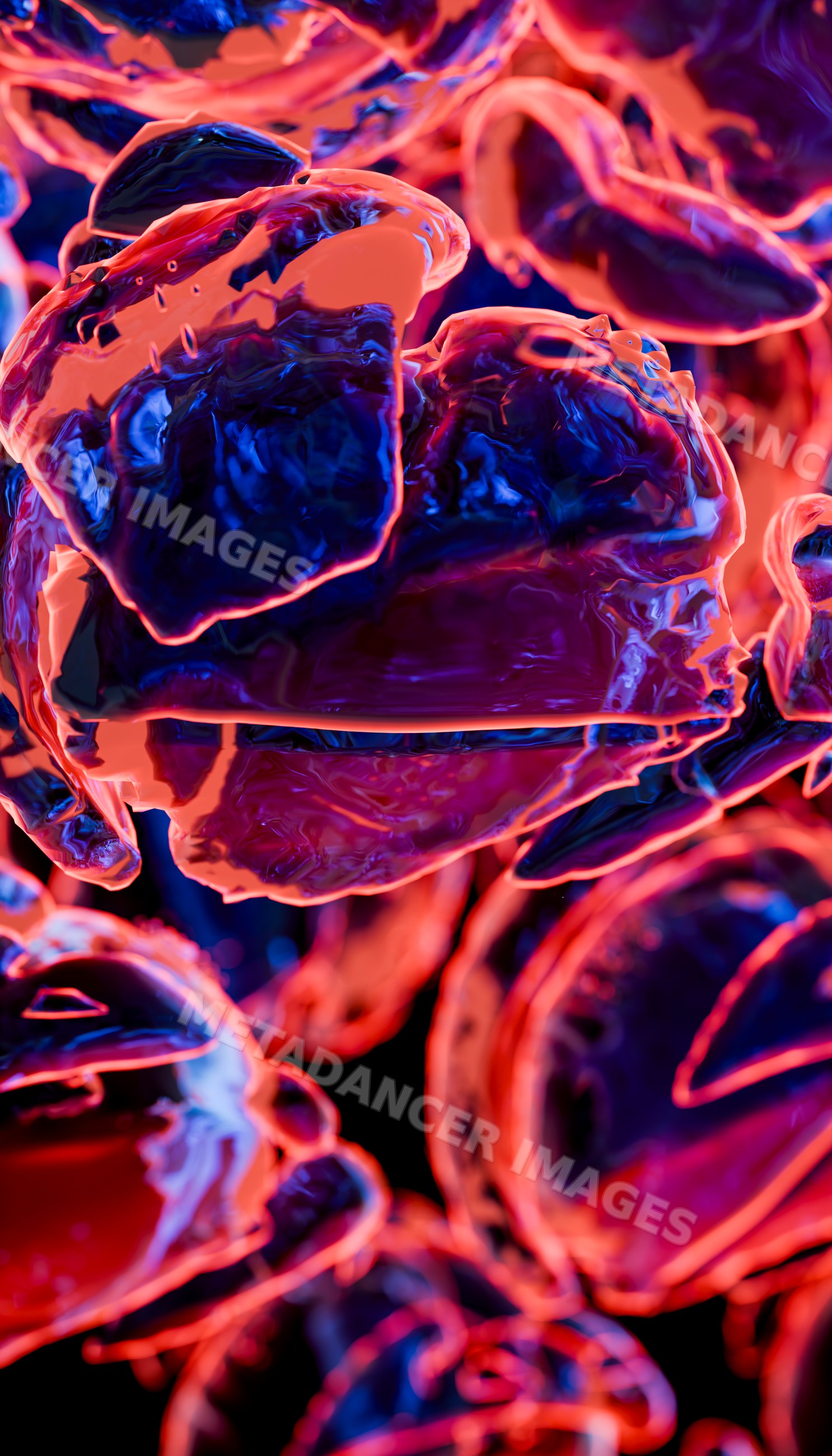 Close-up glowing transparent particles with blue and orange colors