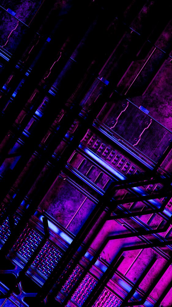 Industrial metal beams illuminated with purple and blue lighting