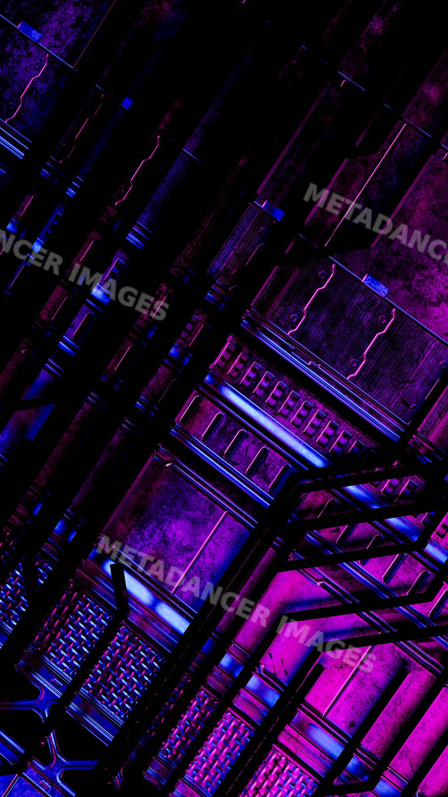 Industrial metal beams illuminated with purple and blue lighting