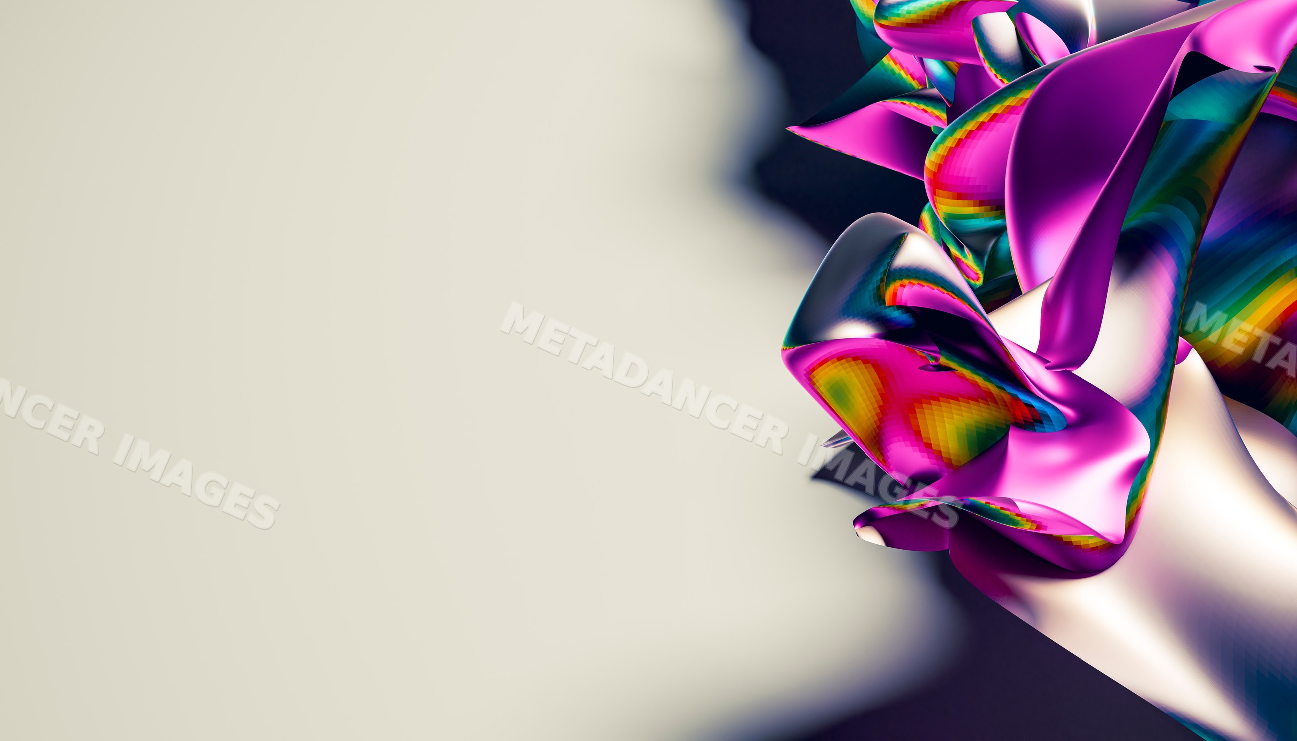 A colorful 3d abstract sculpture with pink folds and vivid rainbow