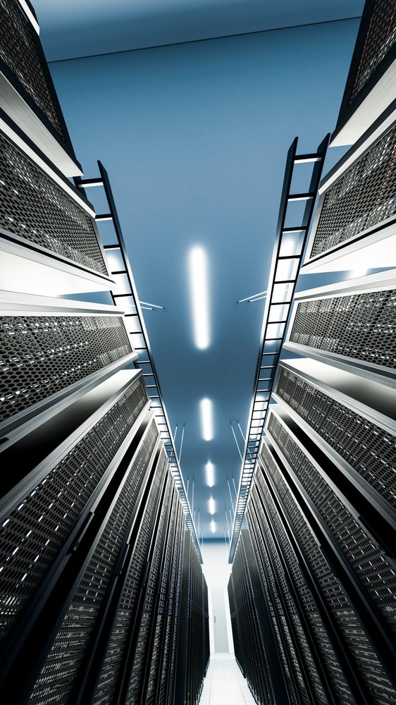 Server racks aisle with cooling system in a modern data center