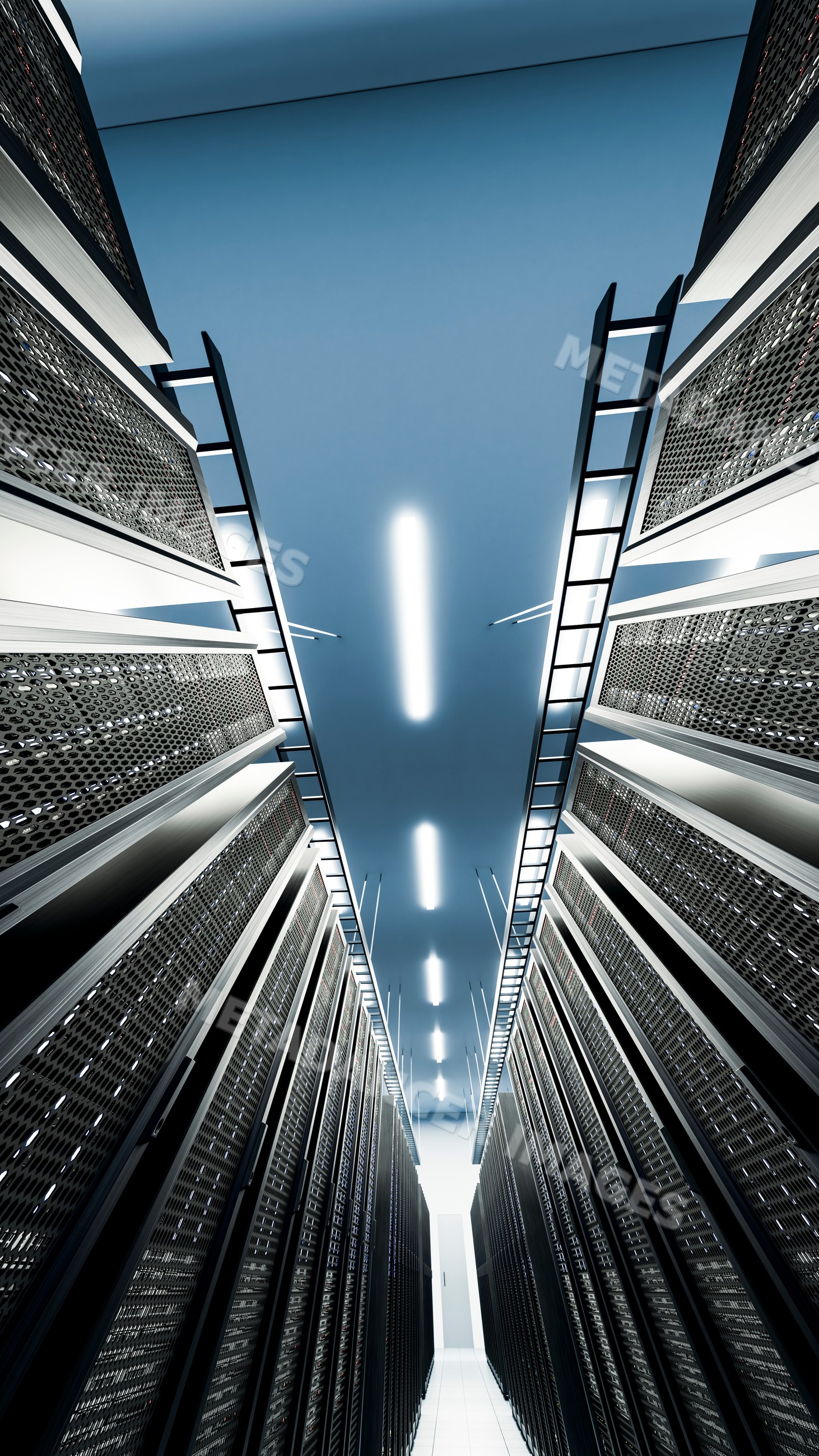 Server racks aisle with cooling system in a modern data center