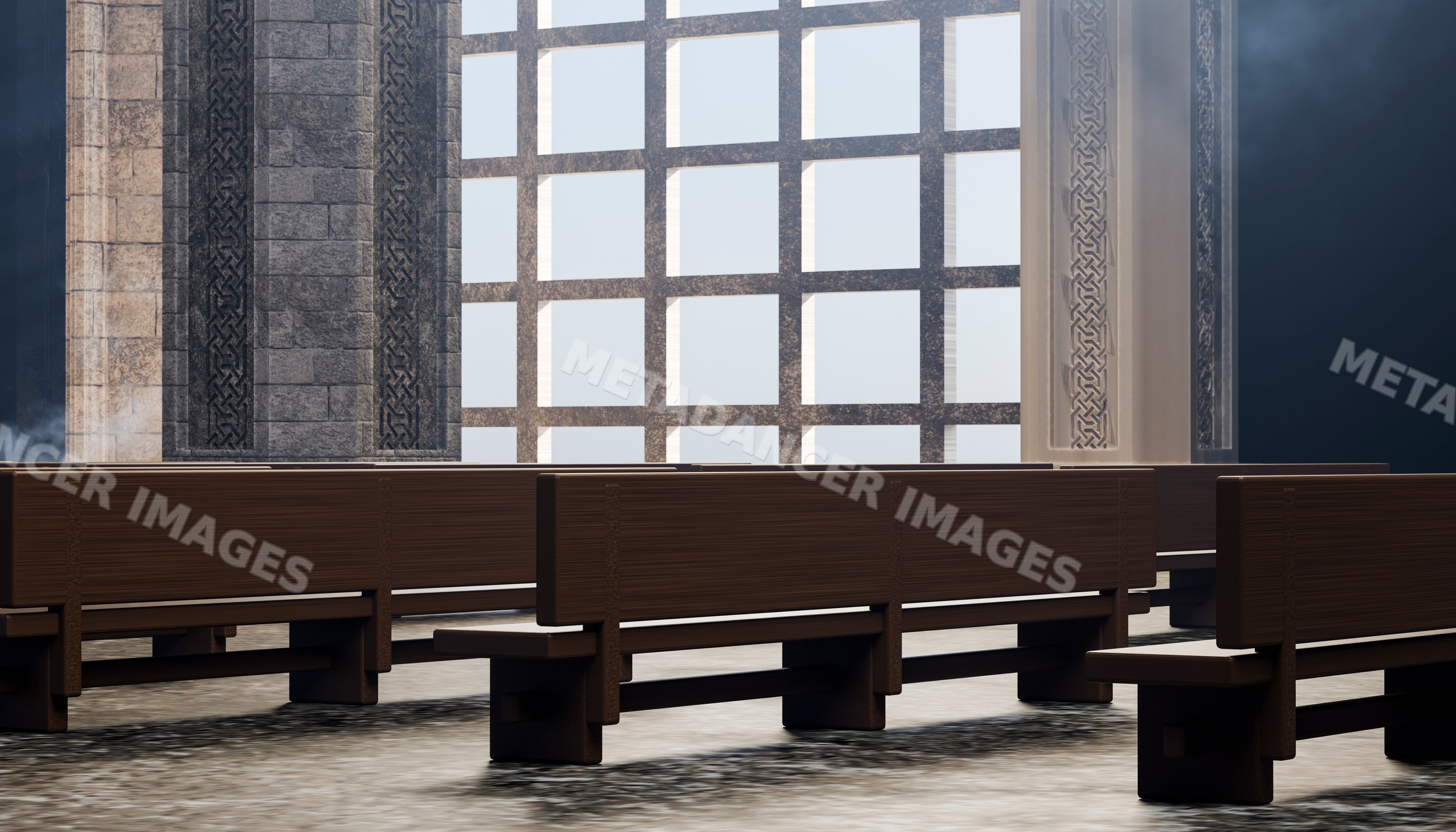Empty wooden benches inside a church with stone walls and large
