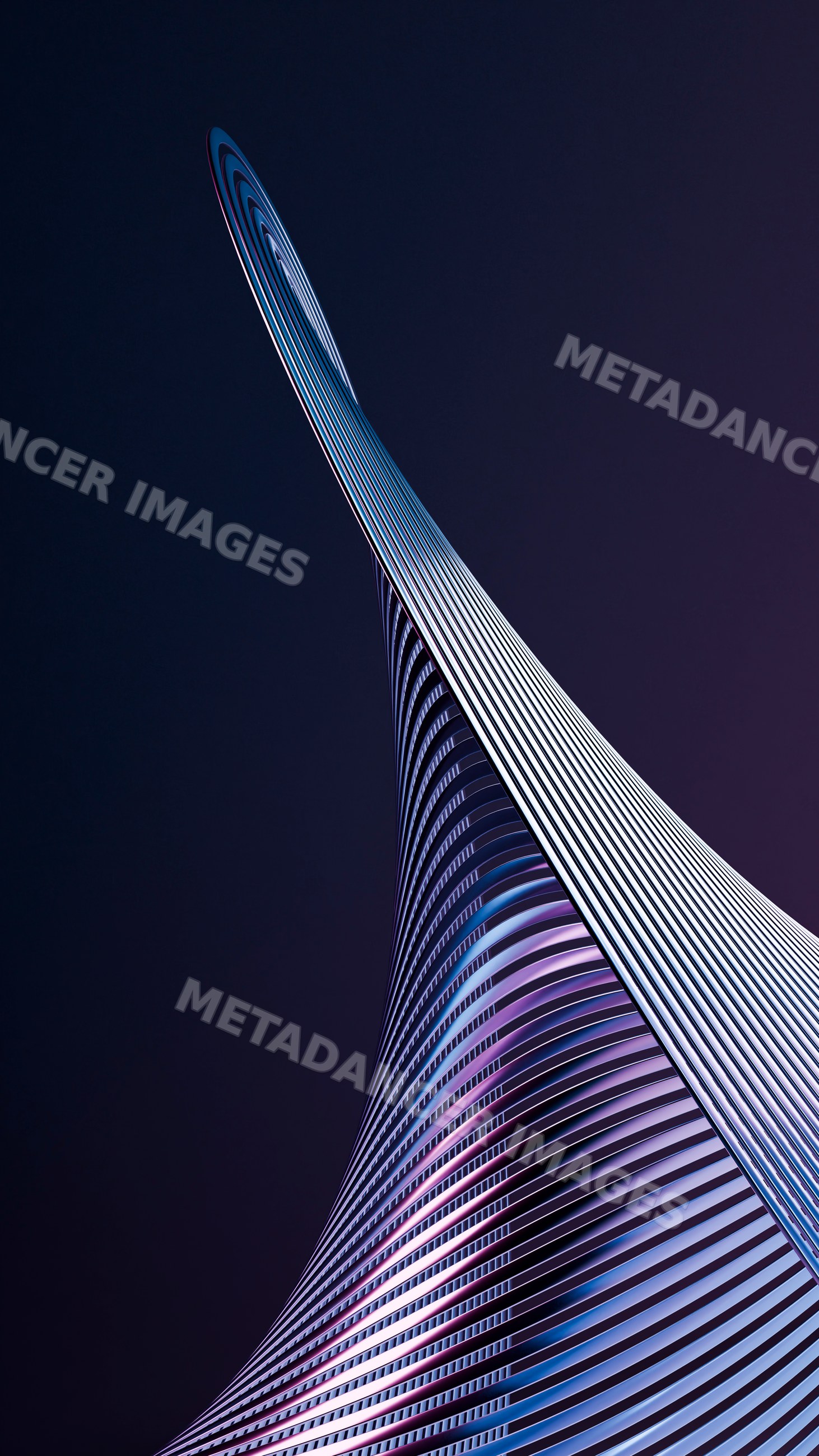 Abstract twisting metal sculpture with blue and purple illumination