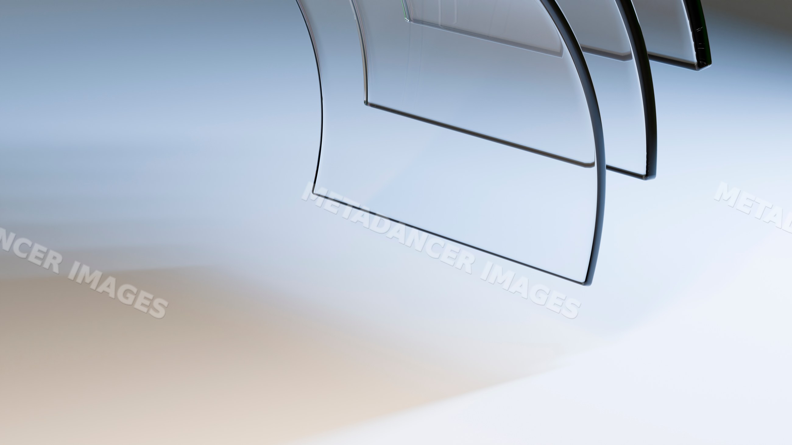 Stack of curved clear glass sheets with reflective surfaces