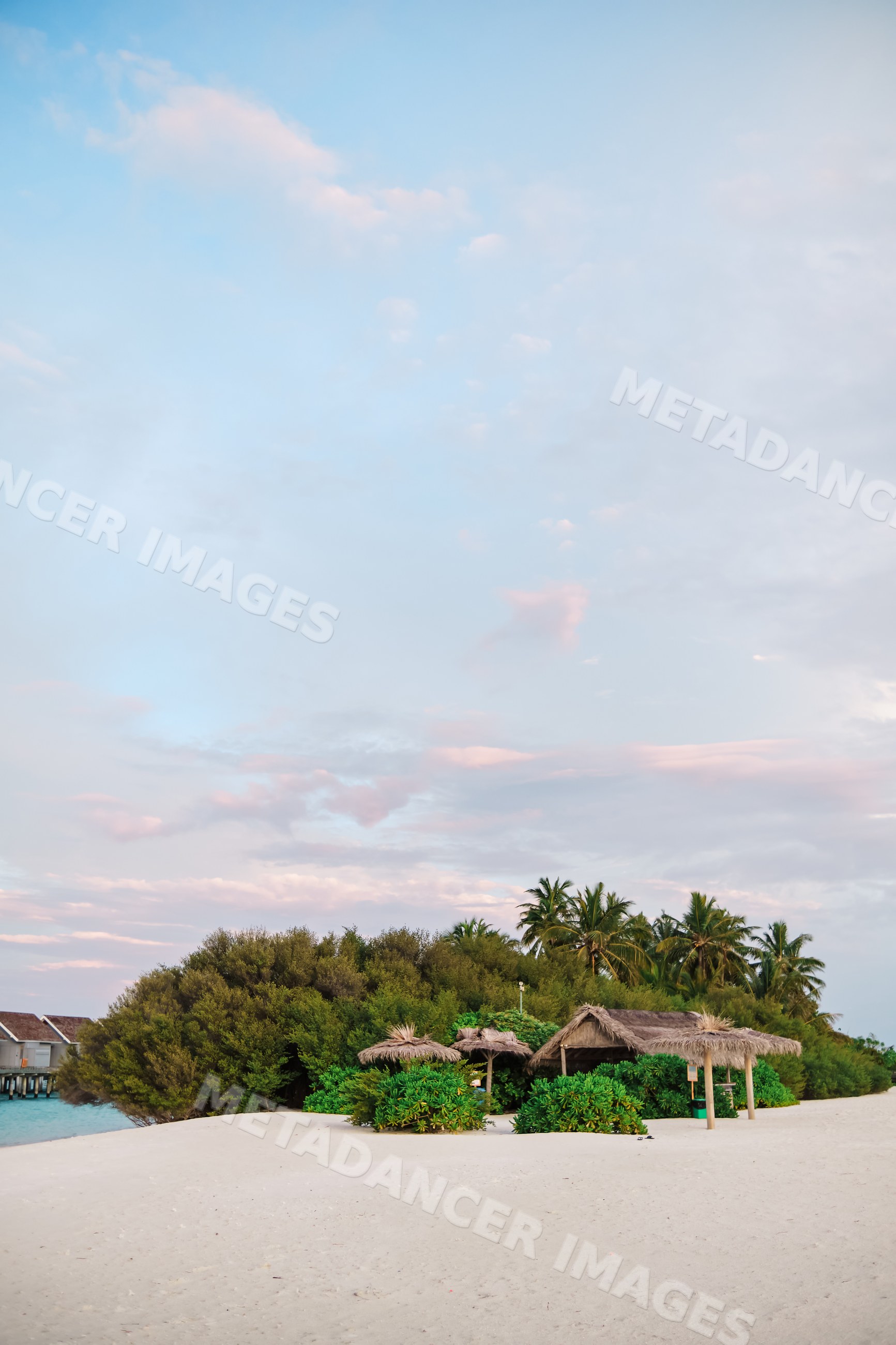 Thatched huts on a tropical Maldives beach surrounded by palm trees