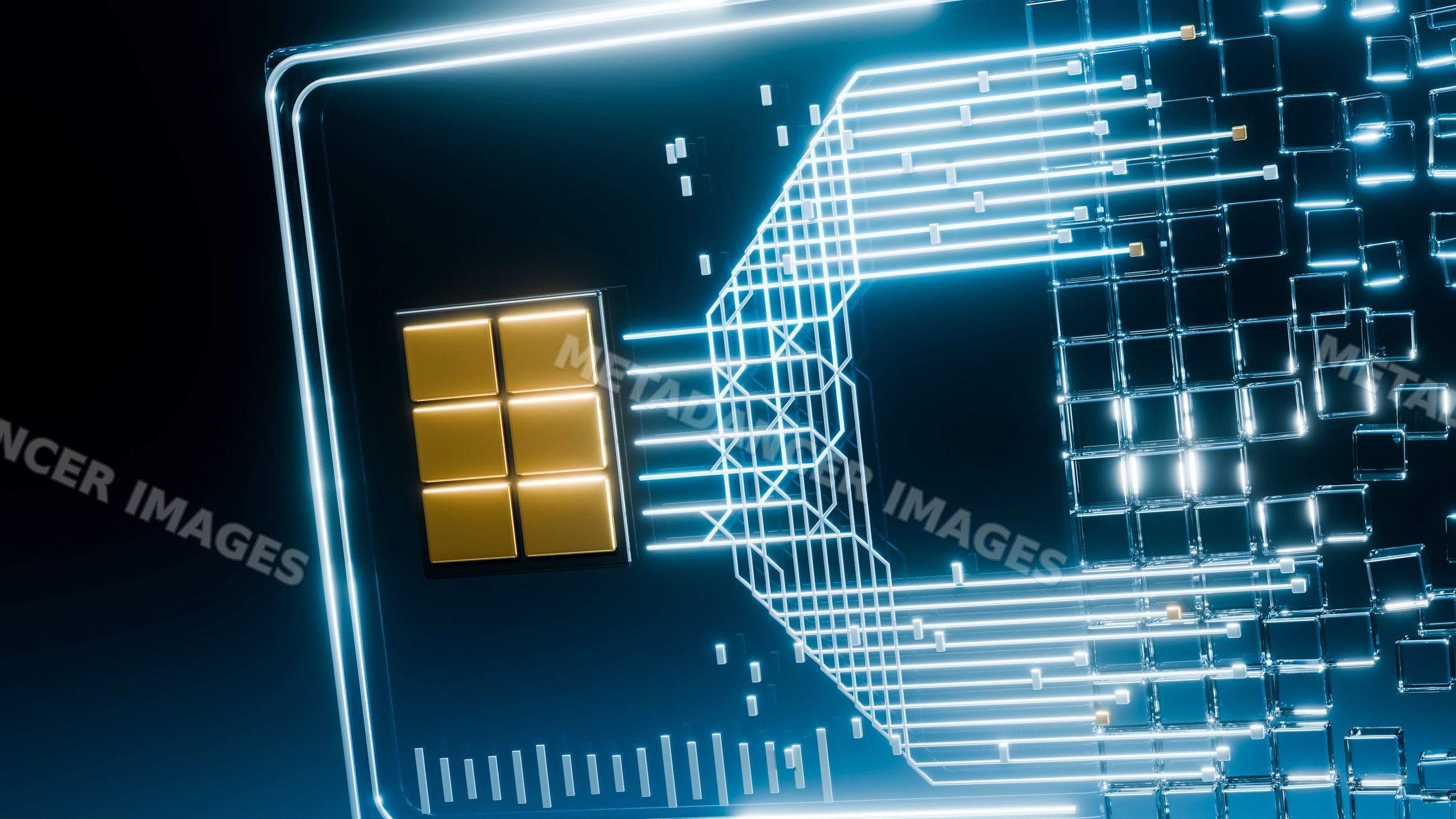 Digital microchip with glowing circuit lines and golden squares
