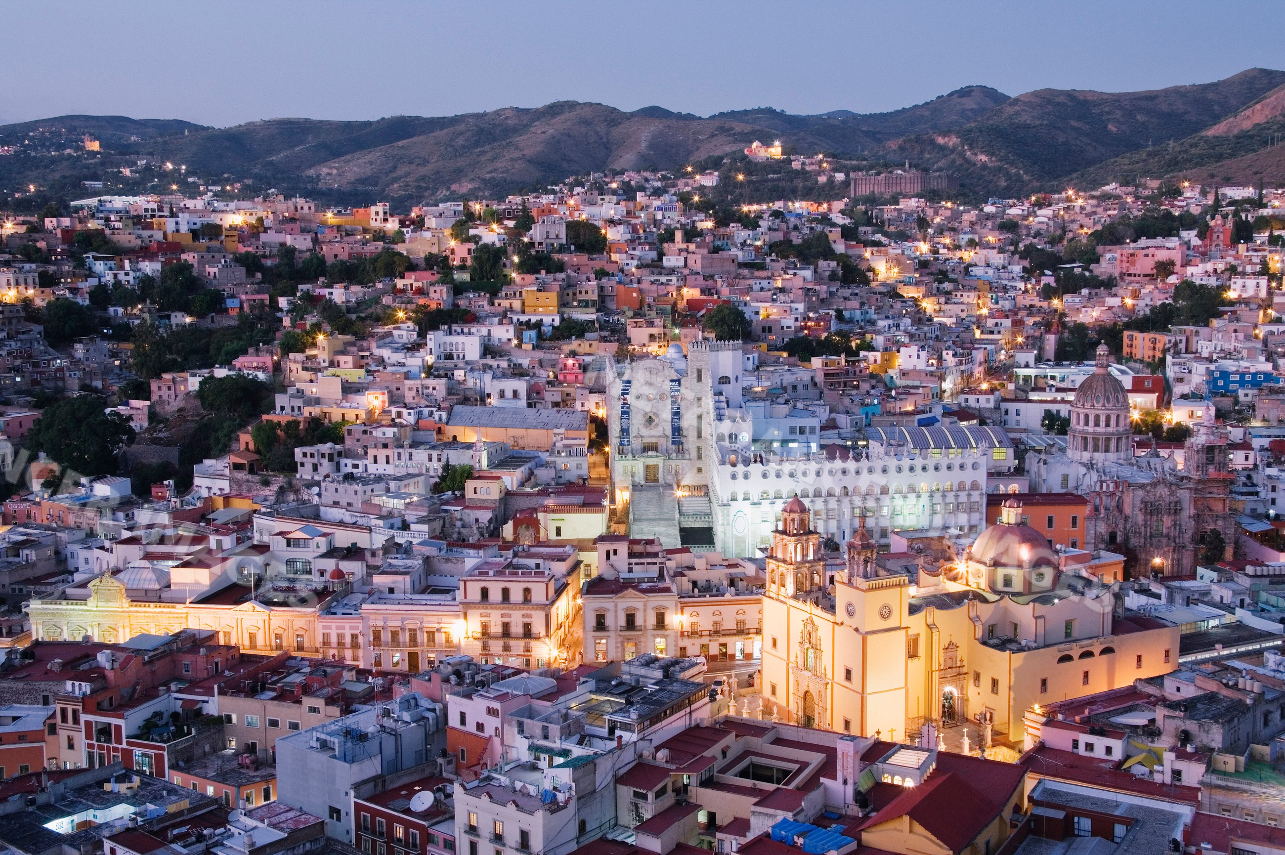 Guanajuato cityscape with twilight skyline and illuminated buildings