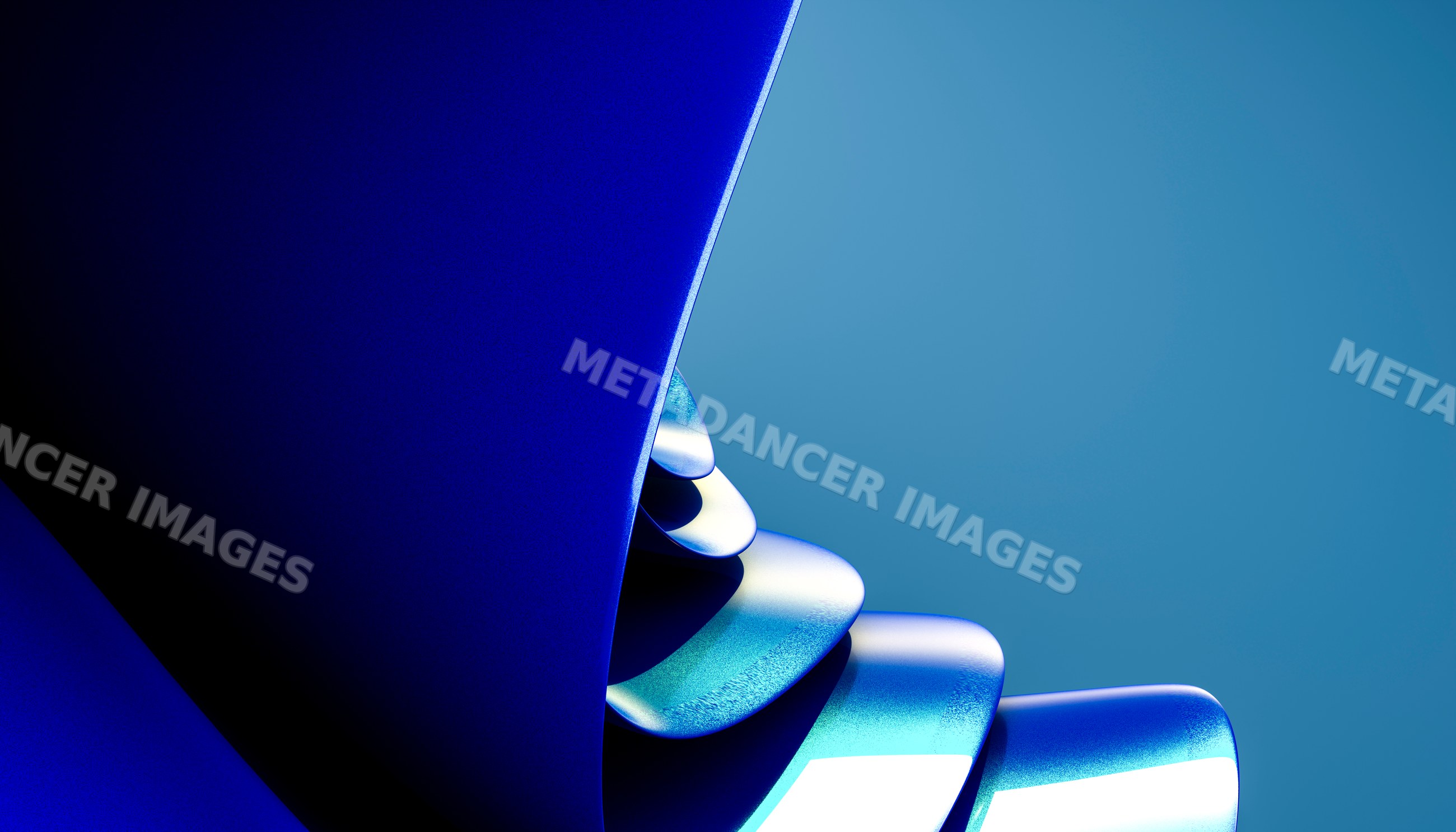 Blue abstract curved metal sculpture with layered design in studio