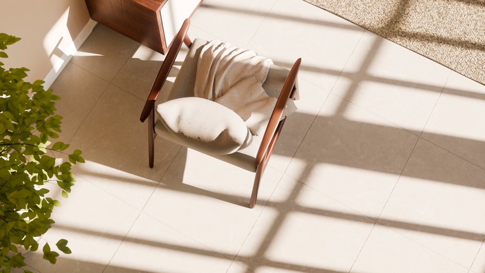 Wooden chair with pillow and blanket in sunlit modern interior