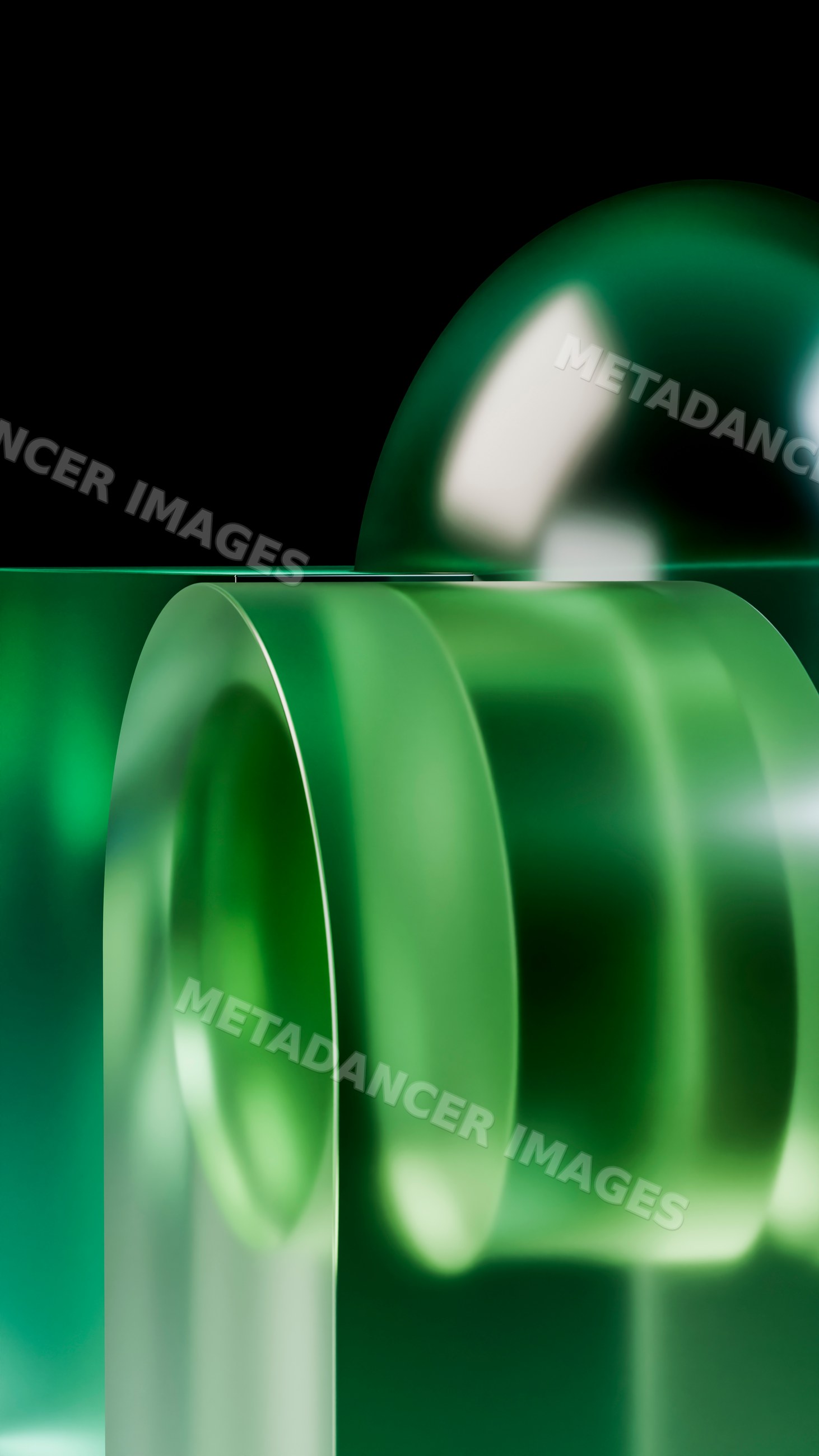Transparent green glass sphere and cylinders in digital illustration