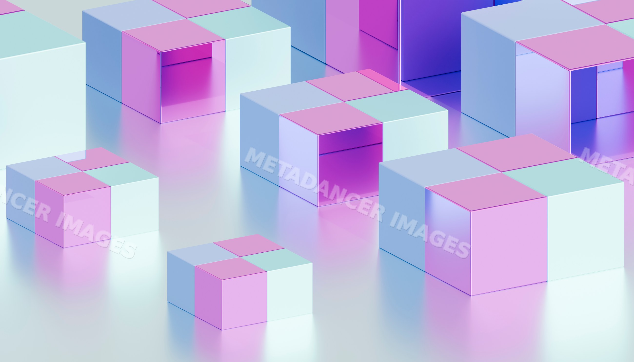 Abstract digital composition of glossy purple and pink 3d cubes