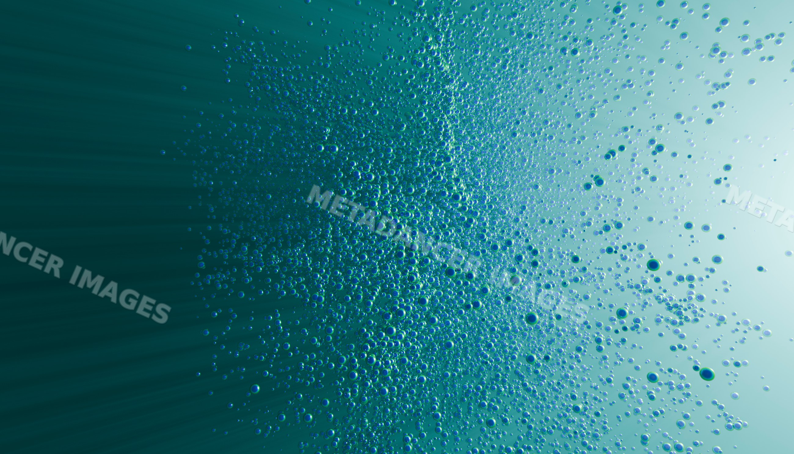 Bubbles rising and clustering underwater in clear blue water