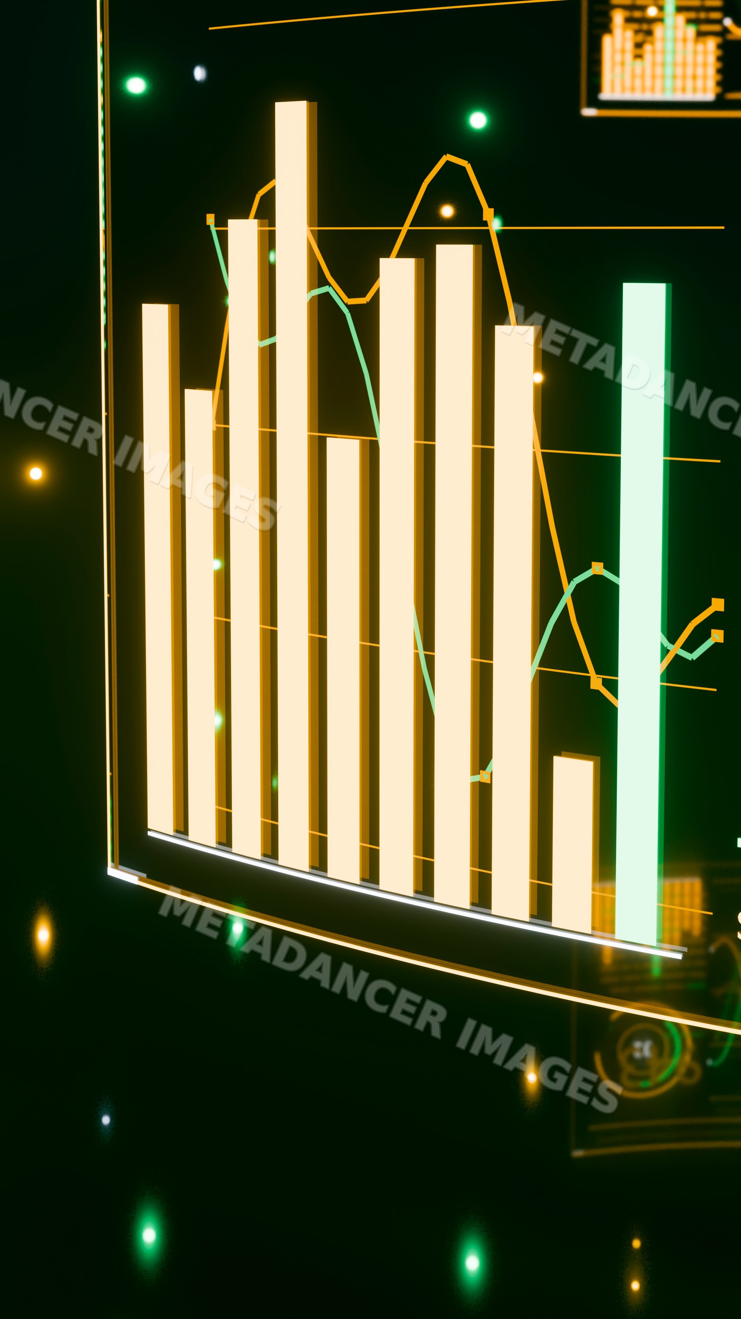 Digital bar chart and line graph on futuristic interface