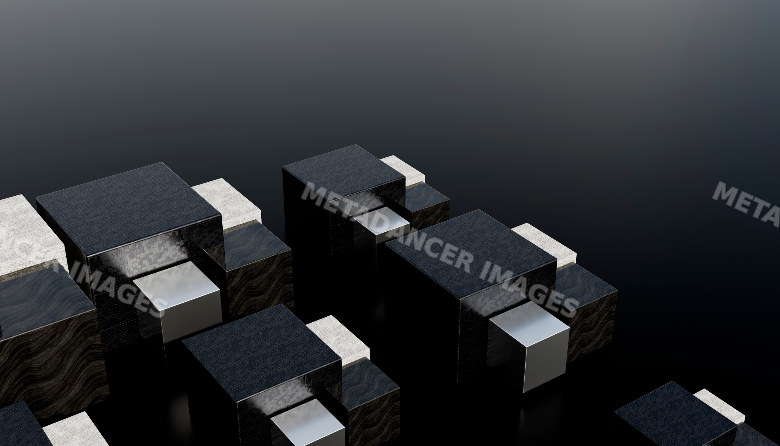 3d rendering of abstract black and silver cubes on dark background