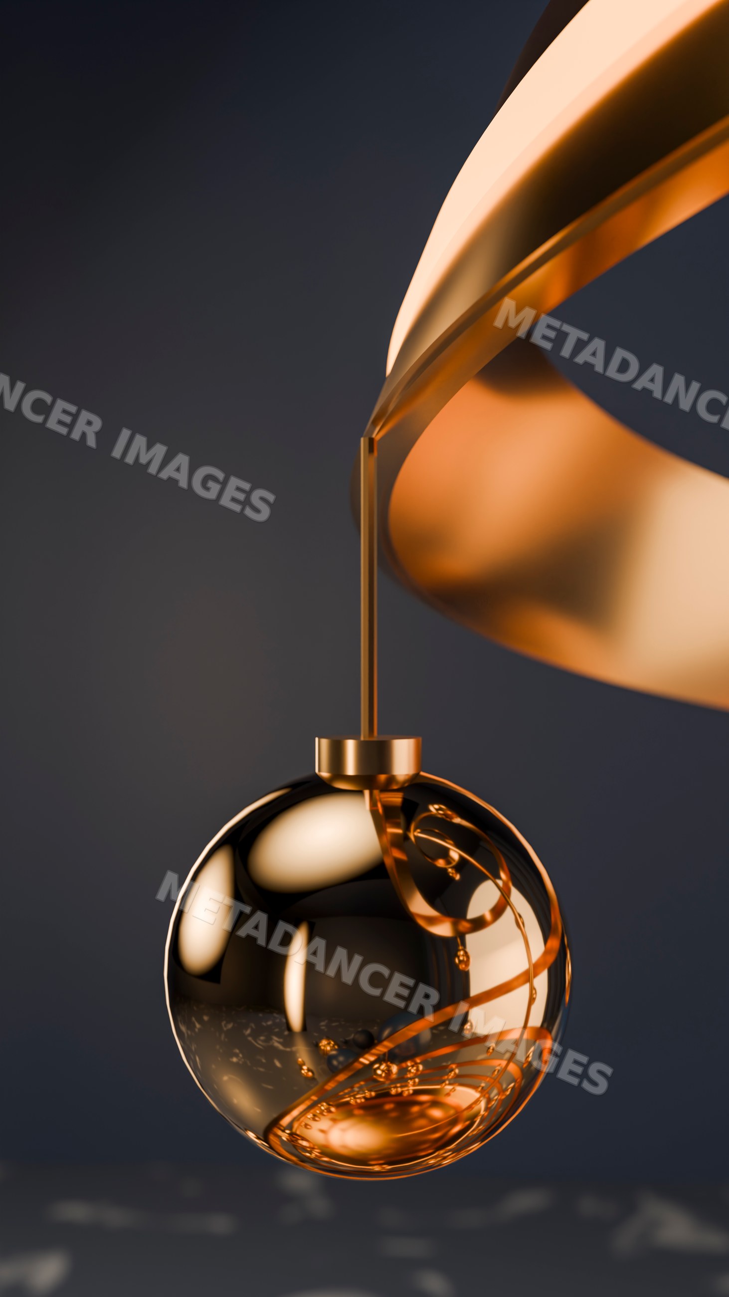 Gold christmas ornament with curled design hanging
