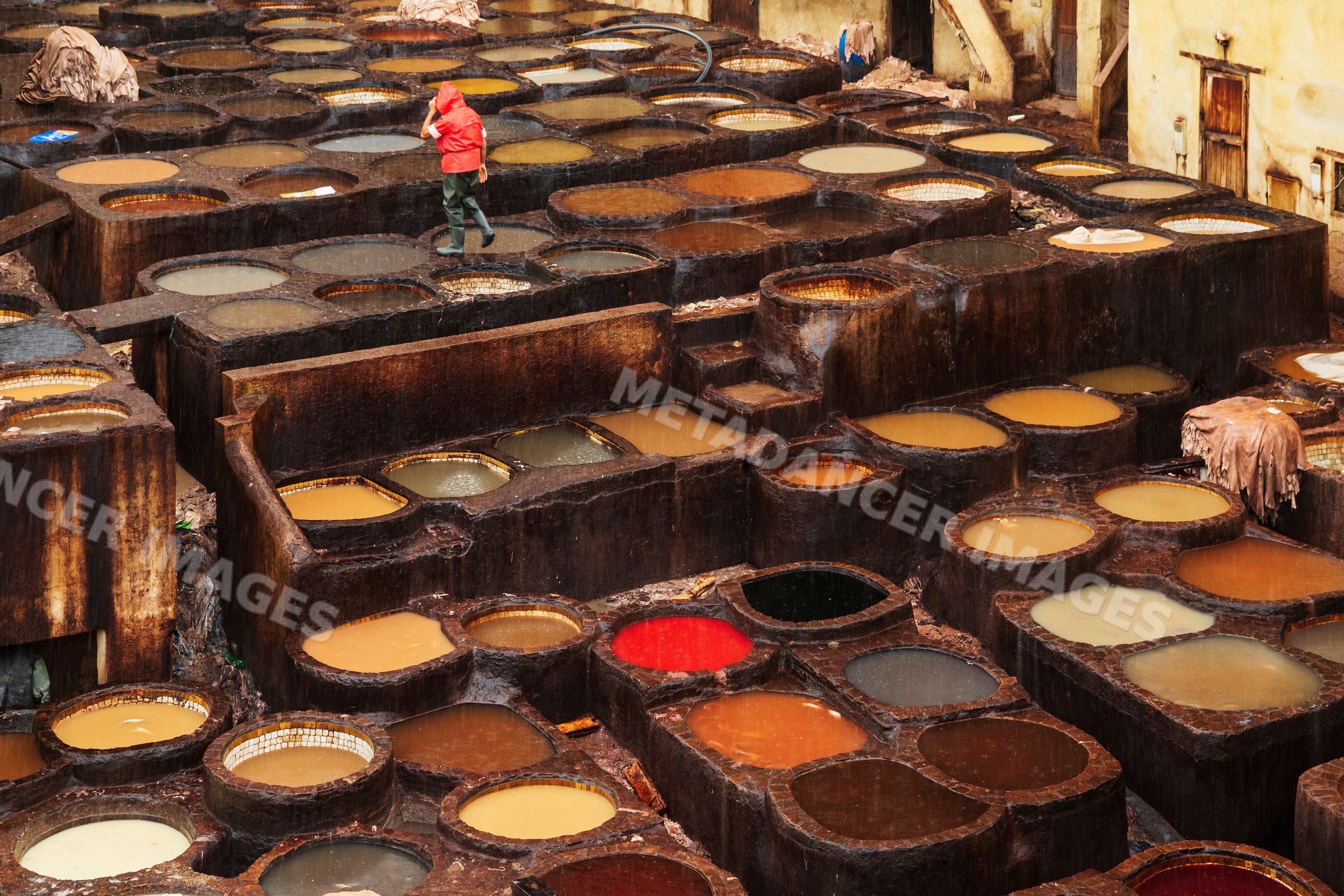 Tannery worker walking among dyeing pits