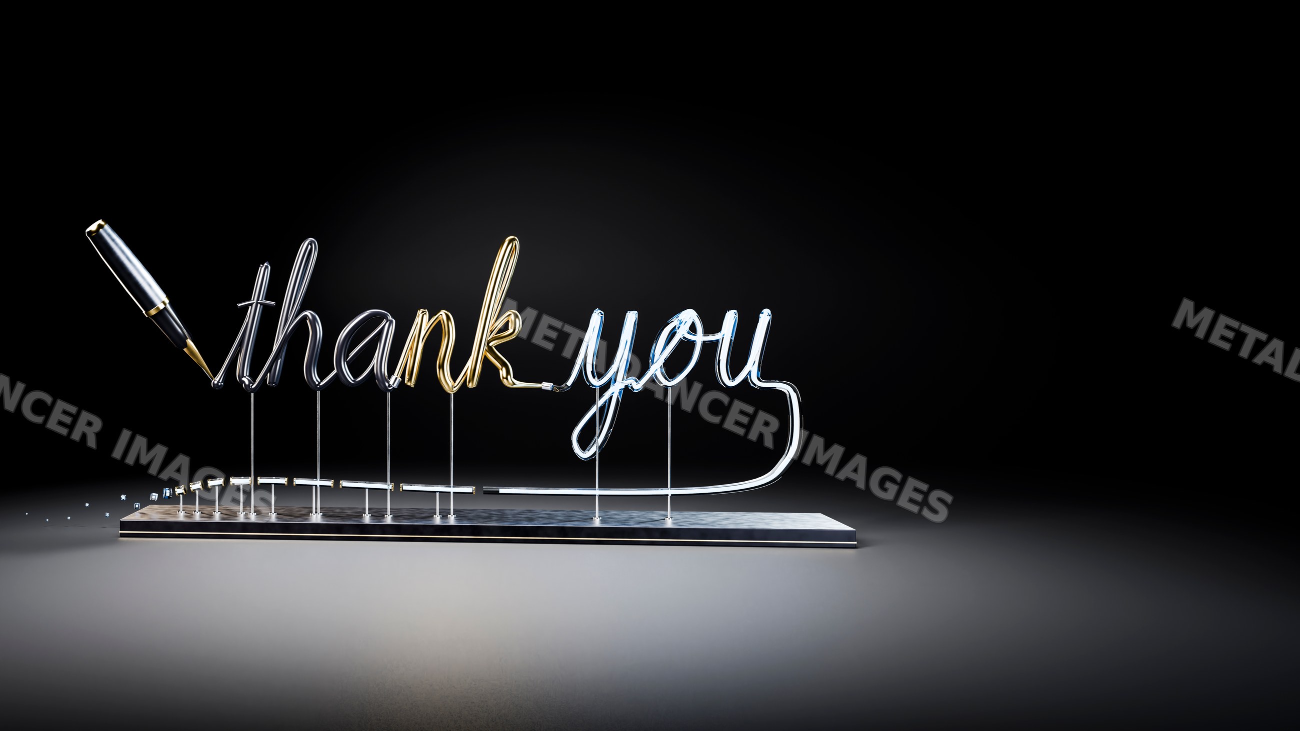 Metallic thank you script with pen on metal stand